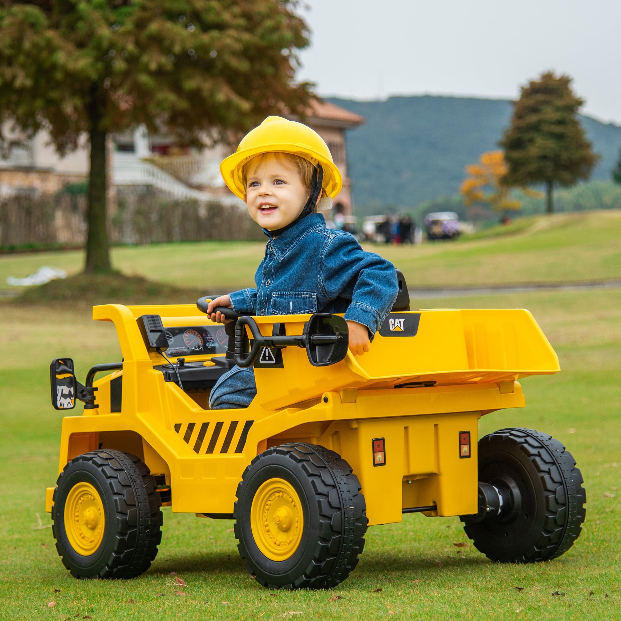 AIYAPLAY Elektrische Kindergraafmachine, Caterpillar Kipper, 3-5 km/u, met Afstandsbediening, 3-6 Jaar, Geel
