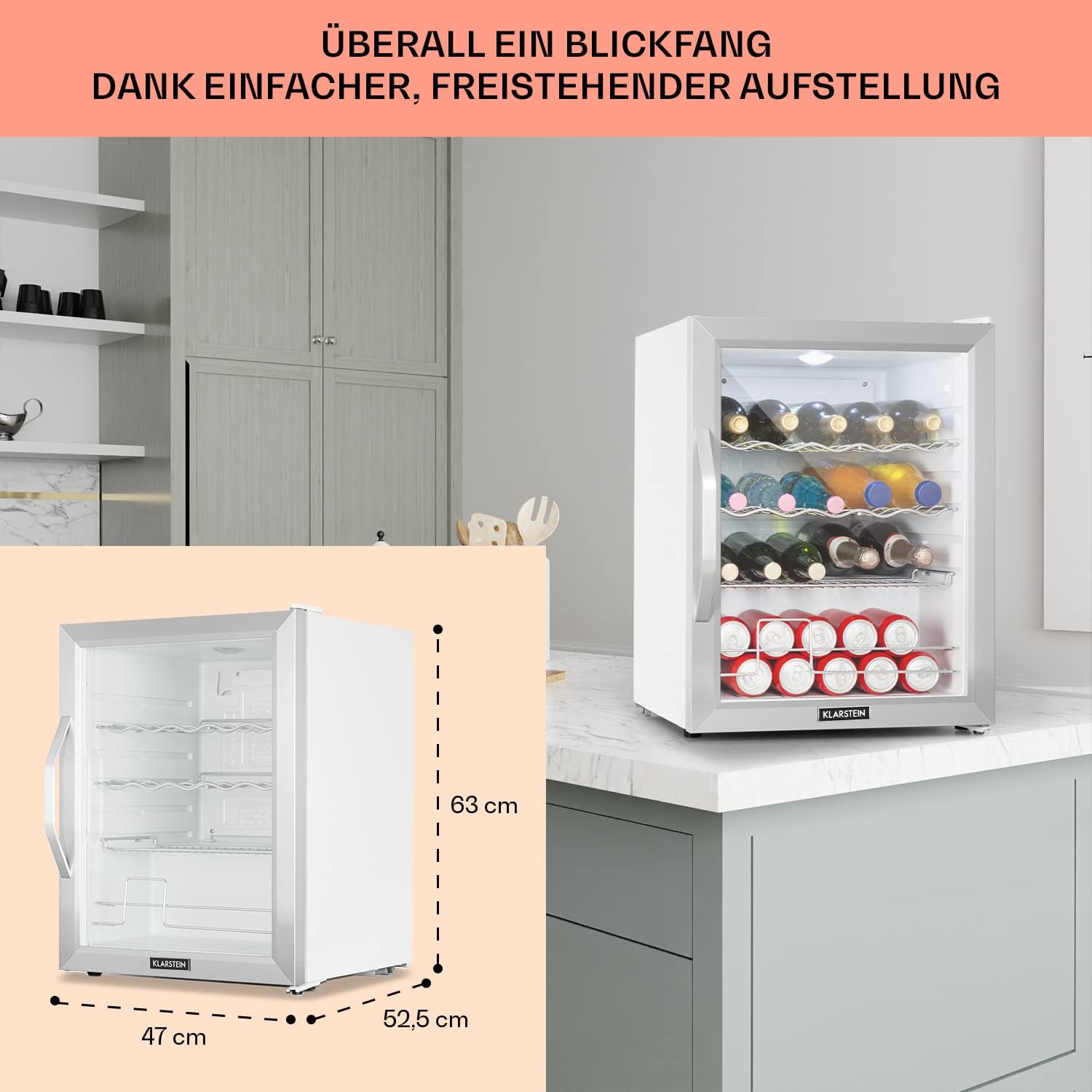 Klarstein Mini Koelkast met Glazen Deur voor Kamer, Drankenkoelkast met Verstelbare Planken, Klein 80 Liter, Indoor/Outdoor Koelkast Stil
