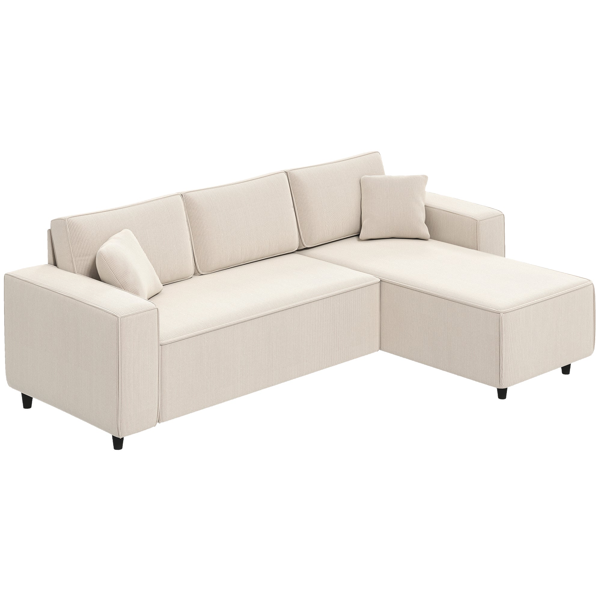 HOMCOM 3-Zitsbank met Chaise Longue, Woonkamerbank met Corduroy Bekleding, 2 Extra Kussens, Gestoffeerde Bank, Crèmewit