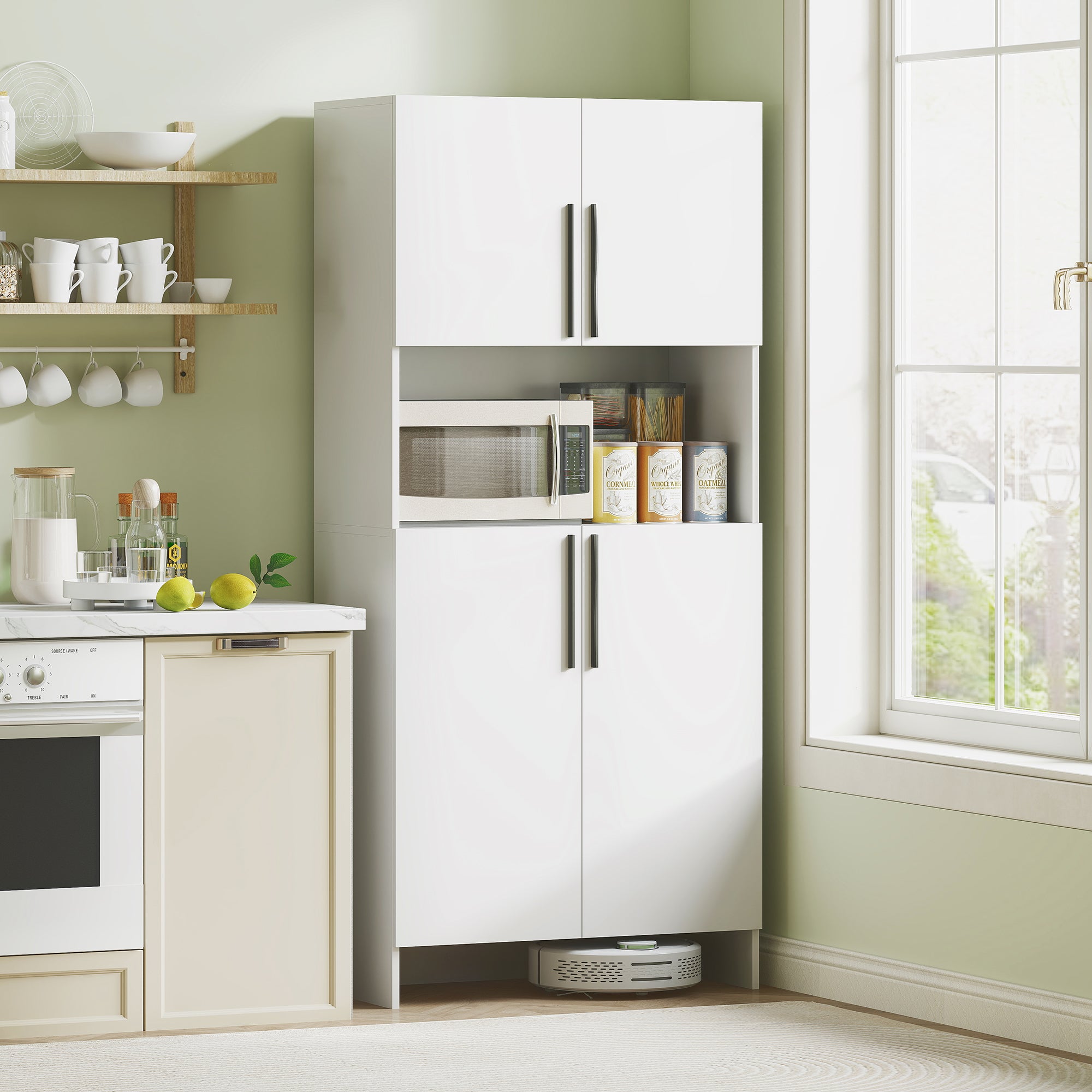 HOMCOM Keukenkast, Voorraadkast voor Keuken, Woonkamer, Eetkamer, Kasten, Rekken, Magnetronplank, Spaanplaat, Wit