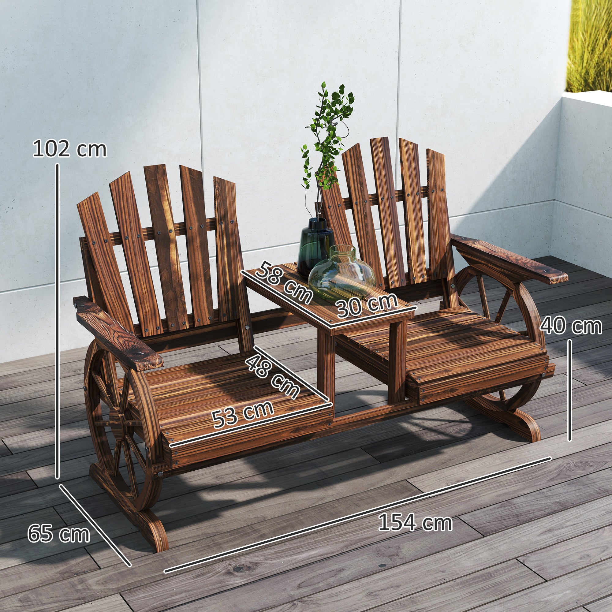 Outsunny Weerbestendige 2-Zits Houten Tuinbank met Paraplugat en Wagenwielpoten, 154 x 65 x 102 cm, Verkoolt