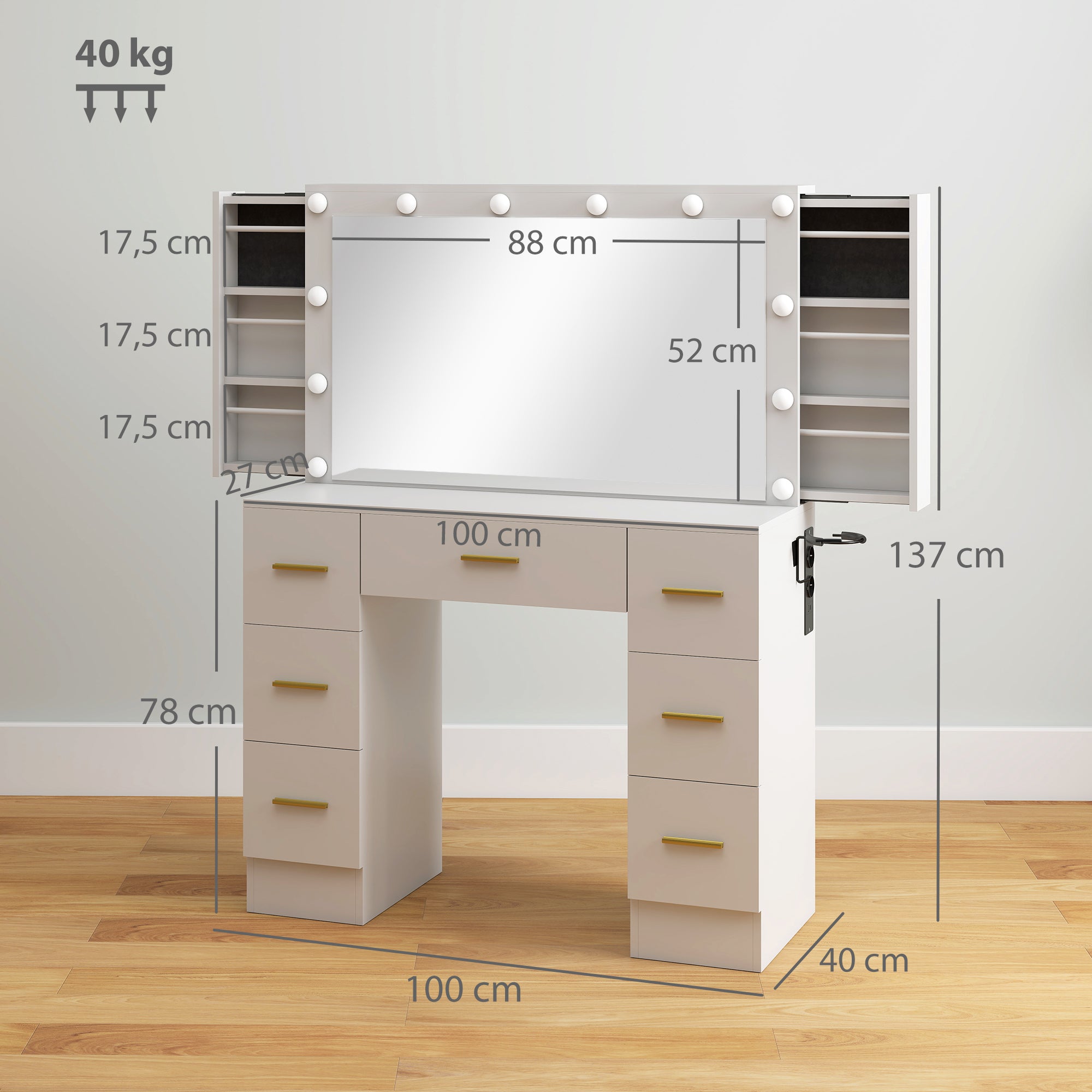 HOMCOM Kaptafel met Spiegel en 12 LED-lampen, Friseurtafel met 7 Lades, 6 Verborgen Opbergvakken, Spaanplaat, Wit