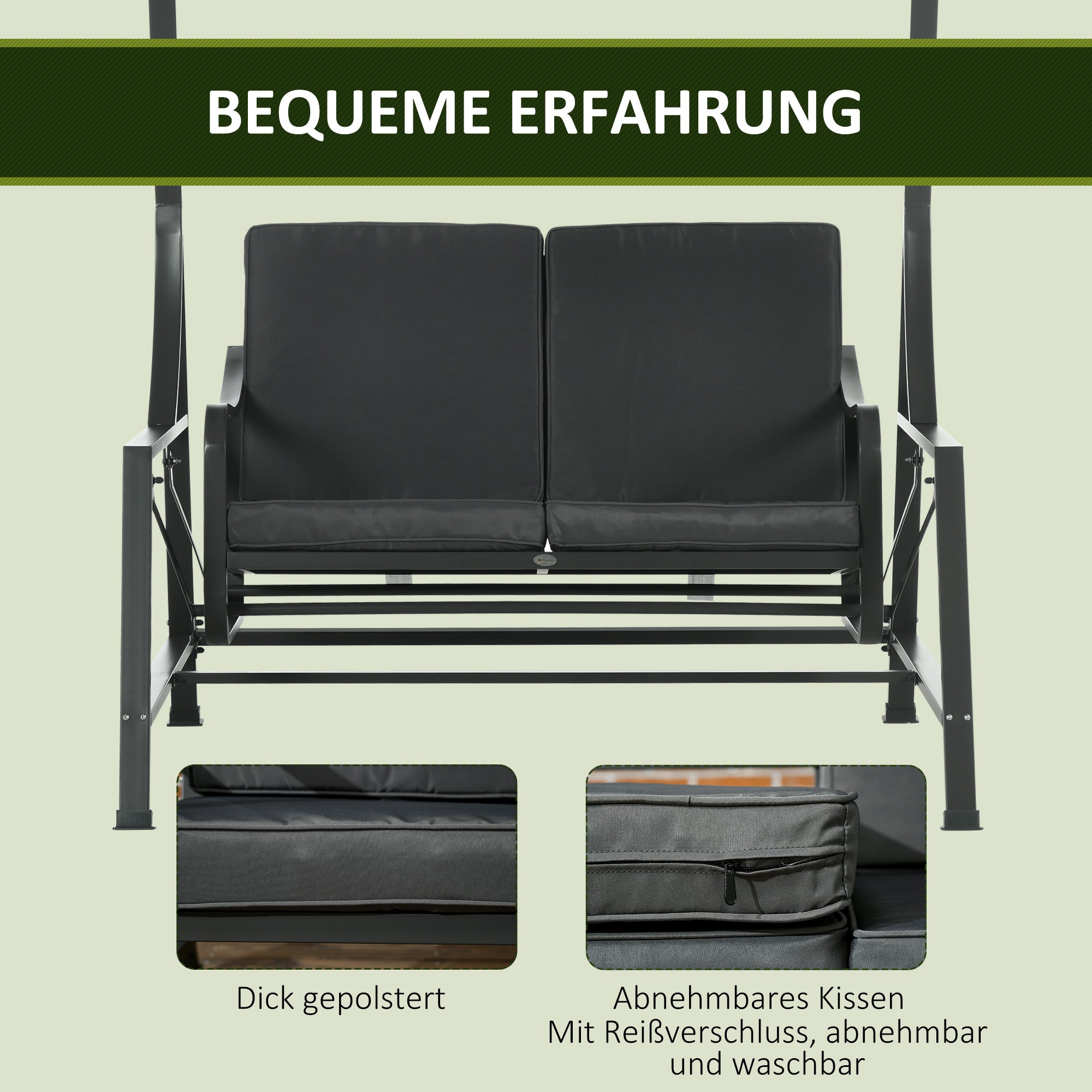 Outsunny tuinschommelset, 2-zits tuinschommelset met baldakijn, grijze kussens