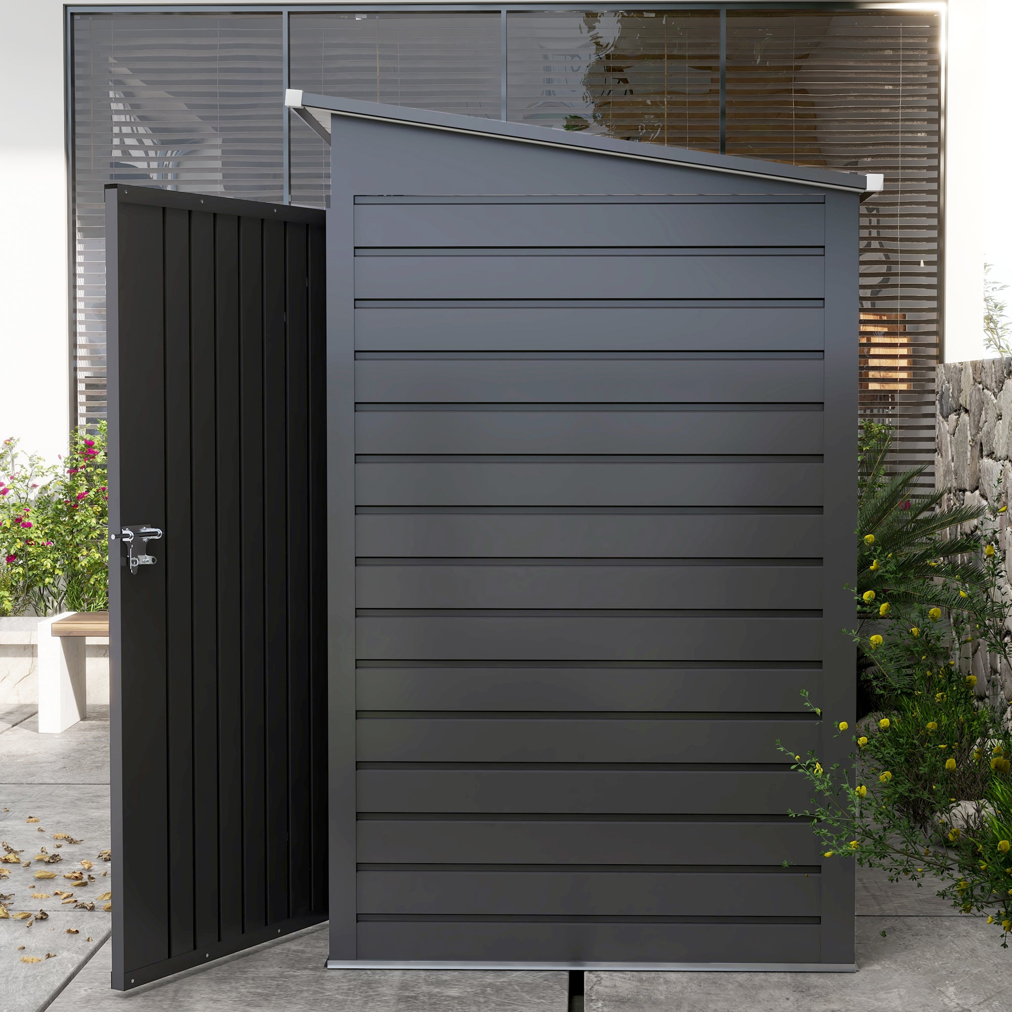 Outsunny Stalen tuinschuurtje, Geräteschuppen, Dubbele Deuren, 249B x 121D x 166/183H cm, Grijs