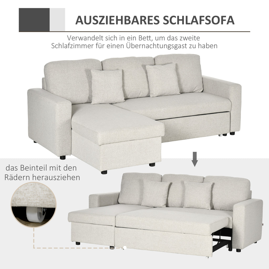 HOMCOM Slaapbank Hoekbank met Bedfunctie, inclusief 2-Zits Sofa, Eenpersoonsbed, L-vorm met Opbergruimte, 2 Kussens Crèmewit