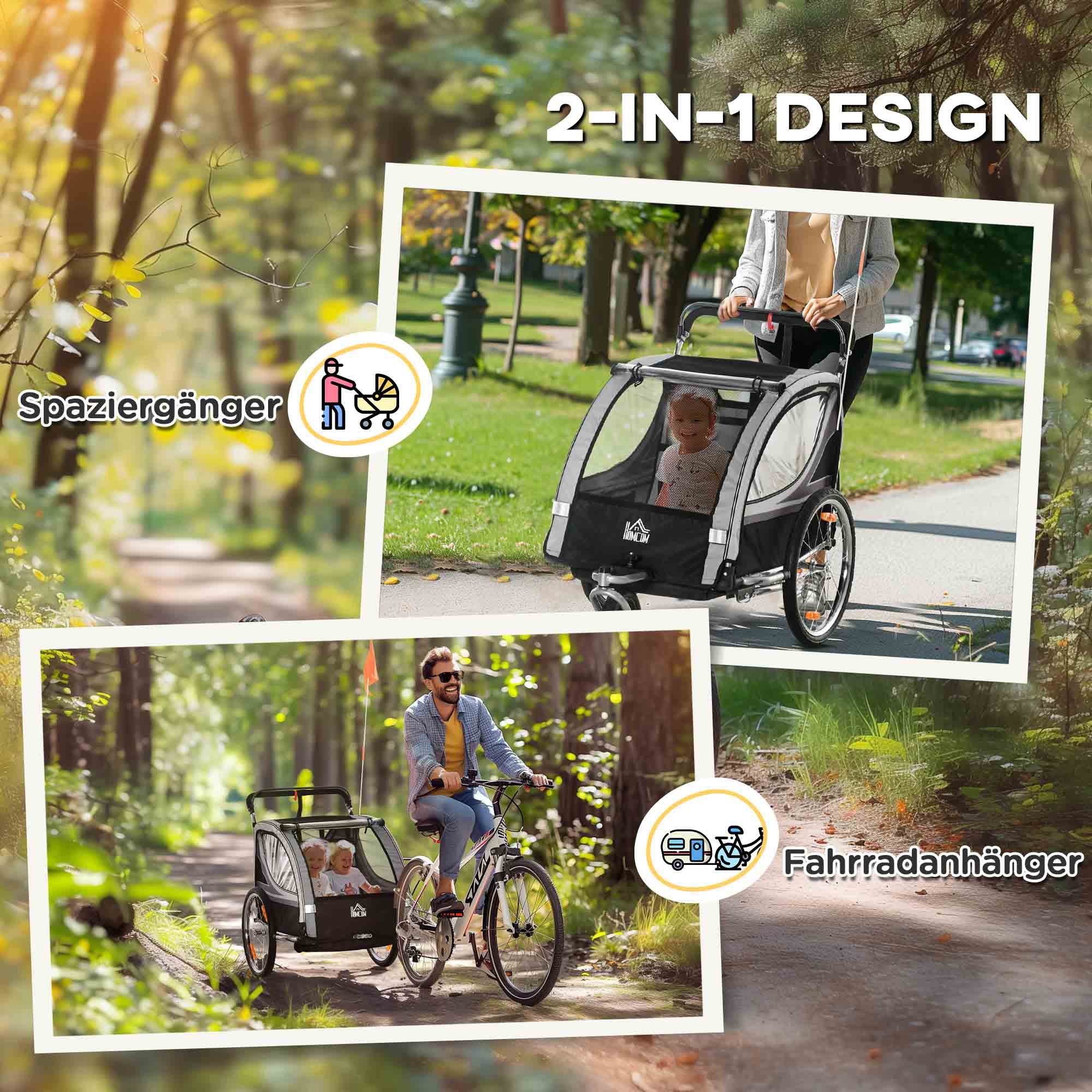 HOMCOM Kinderfietskar/Duwwagen met Remmen, Opvouwbaar, voor 2 Kinderen, Grijs/Zwart
