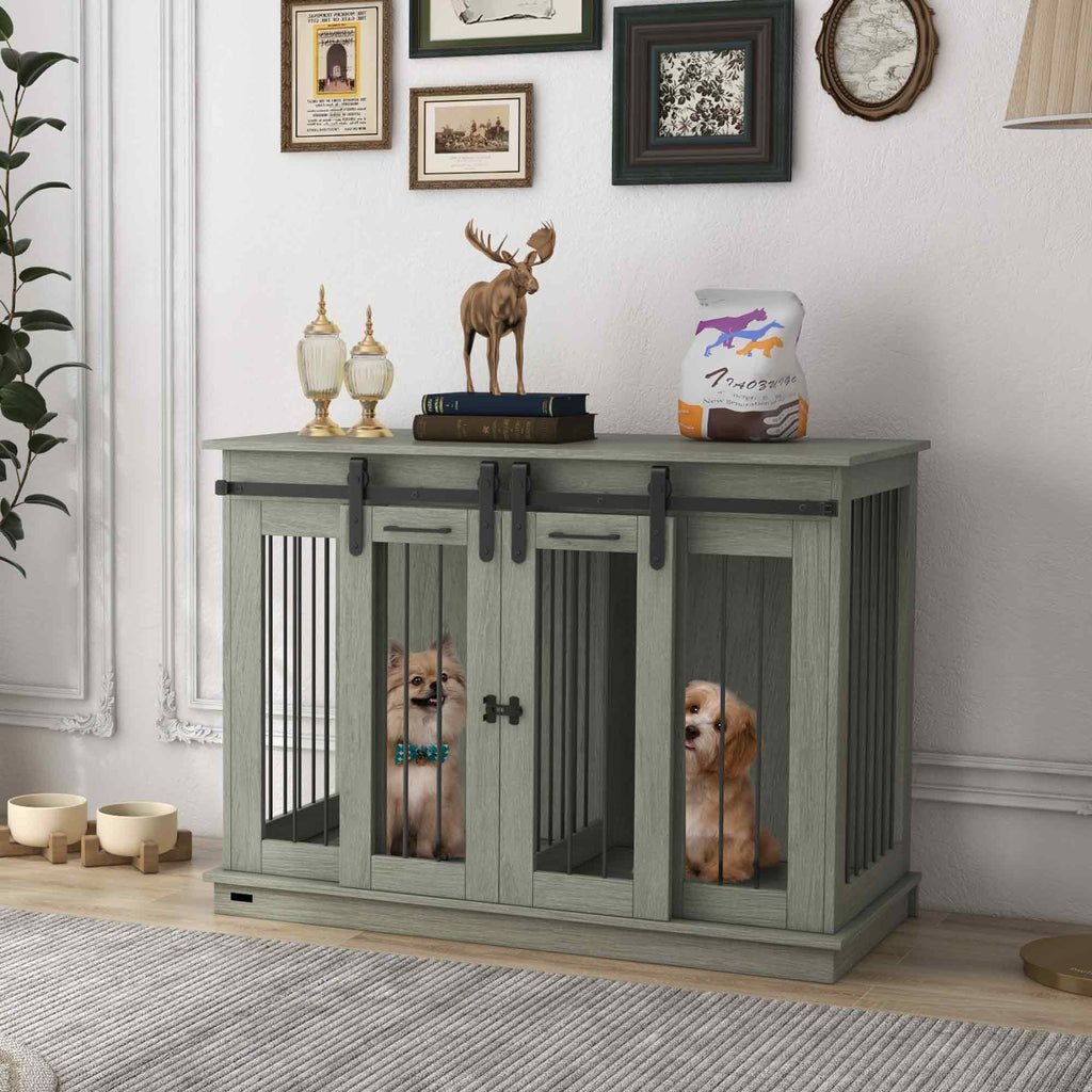 PawHut Hondenkooi met 2 Deuren, Hondenbox, Transportbox voor Honden, Landelijk Design, Vergrendelbaar, Grijs