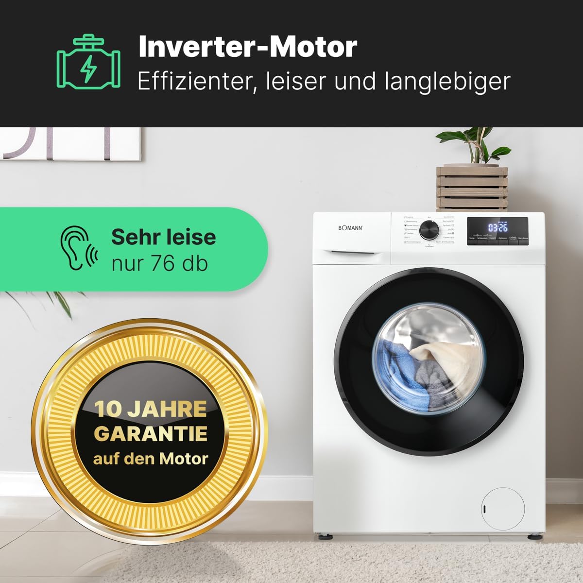 Bomann Wasmachine 7kg | maximaal 1400 tpm | 10 jaar motorgarantie | Effici?nte, stille en duurzame invertermotor | 15 programma's | Eindtijd Netnummer | LED-scherm | Wasmachine | WA 7175 wit