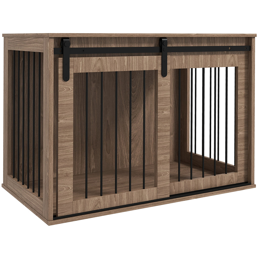 PawHut Hondenbench Hondenkooi, Afsluitbaar, Houtlook, Rustiek Ontwerp, 98 cm x 58 cm x 67 cm, Walnoot + Zwart