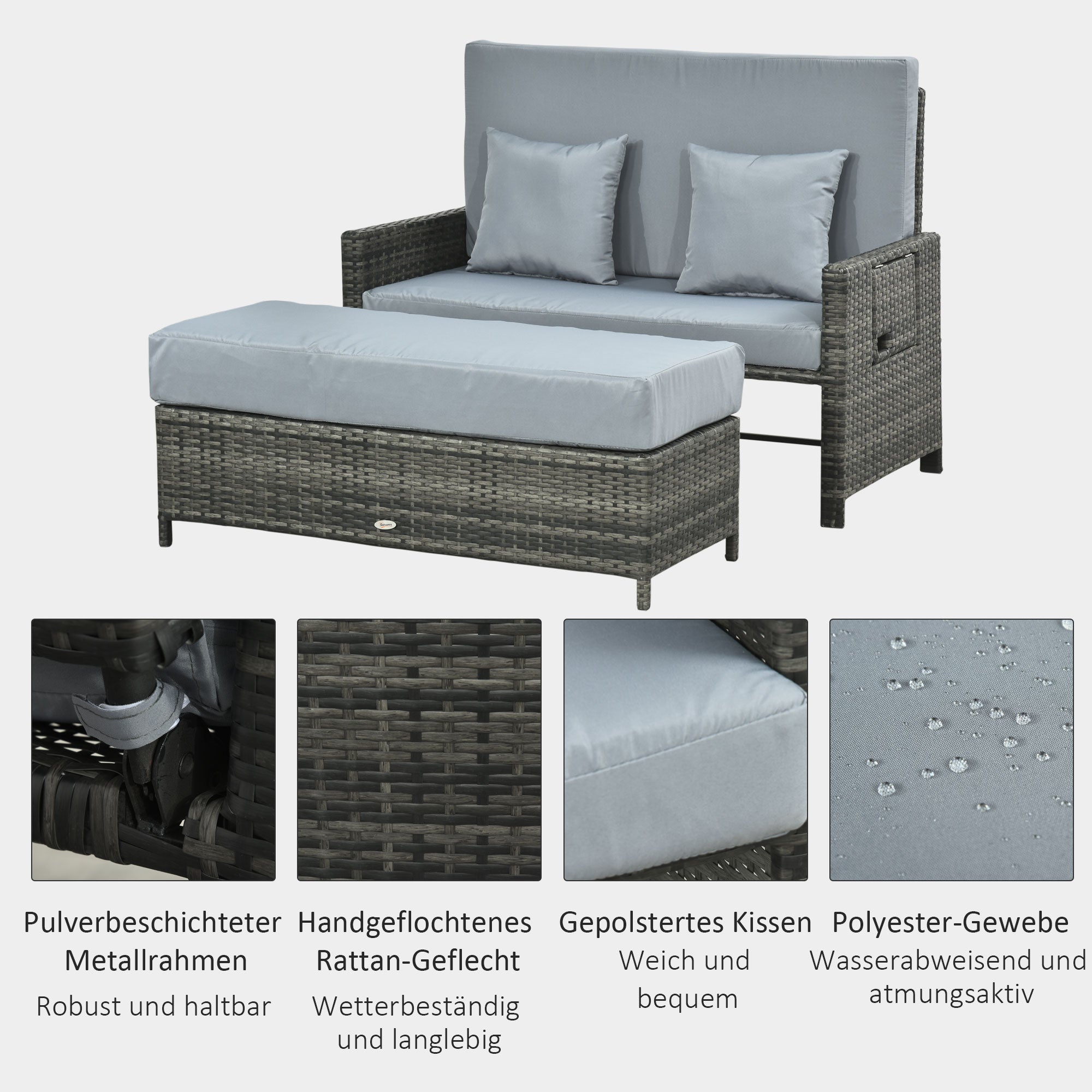 Outsunny Poly-rotan loungebank 2-zits set ligstoel kruk grijs