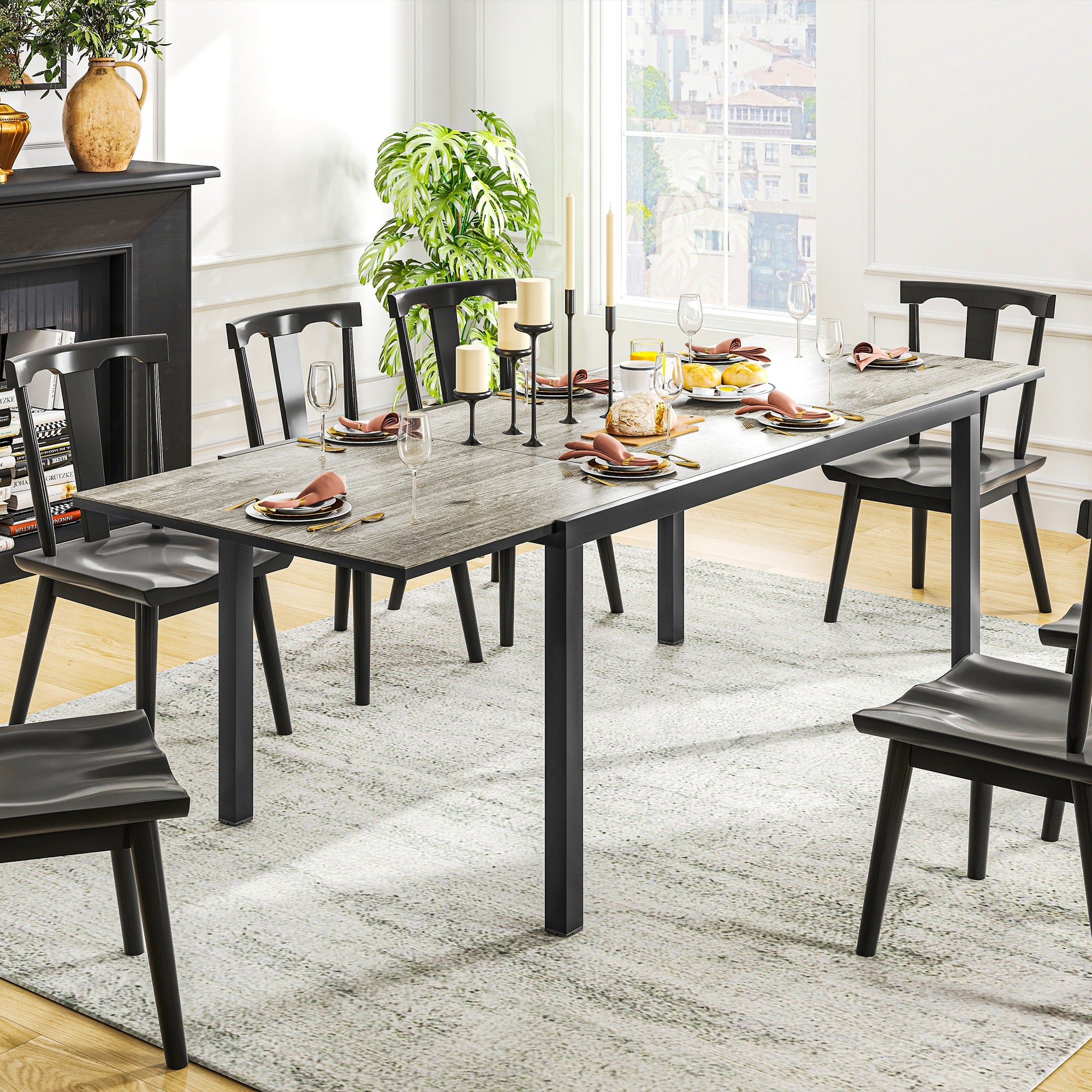 Outsunny Uitschuifbare Eettafel voor 6-8 Personen, Verstelbare Outdoor Tafel van Aluminium, Staal, Kunststof met Houteffect, Grijs