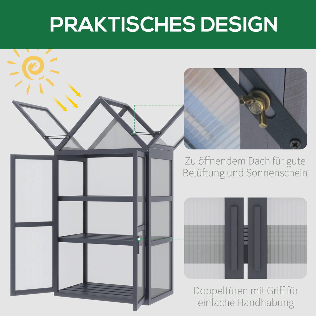 Outsunny kas met 3 planken, massief hout, behuizing van polycarbonaat, grijs, 70,5 x 42 x 132 cm