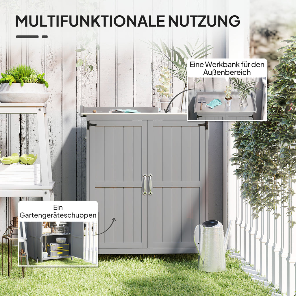 Outsunny Tuinkast, Gereedschapskast voor Buiten met Werkoppervlak, Hout en Roestvrij Staal, Dubbele Deuren, Grijs