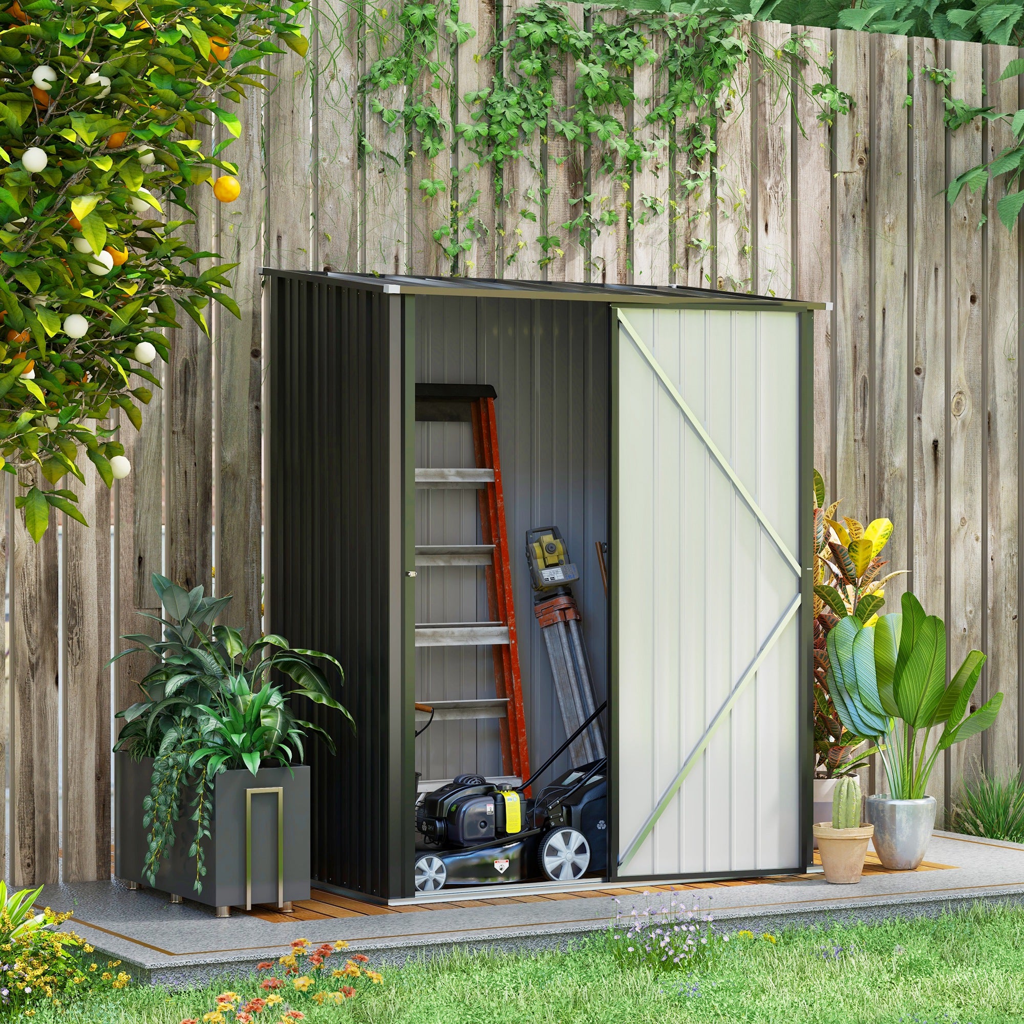 Outsunny Tuinschuur Gereedschapsschuur, afsluitbare deur, weerbestendig, incl. schappen, 161,5 cm x 94,5 cm x 196 cm, Zwart