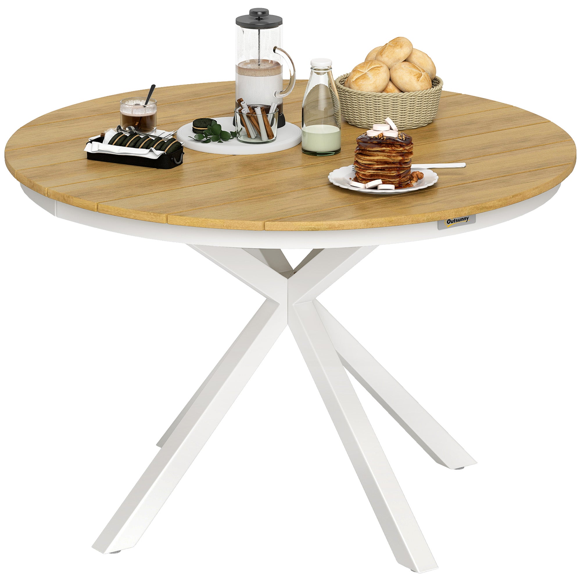 Outsunny Tuintafel Ø118cm, Weerbestendig Balkontafel uit Aluminium, Bijzettafel met Kruispoten Latontwerp Teak