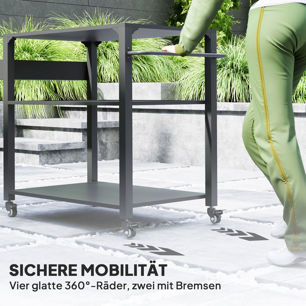 Outsunny Outdoor Keukeneiland, Grillwagen met Opbergrek, Handvat, 4 Wielen, Keukentrolley, Tuin, Terras, Metaal, Zwart
