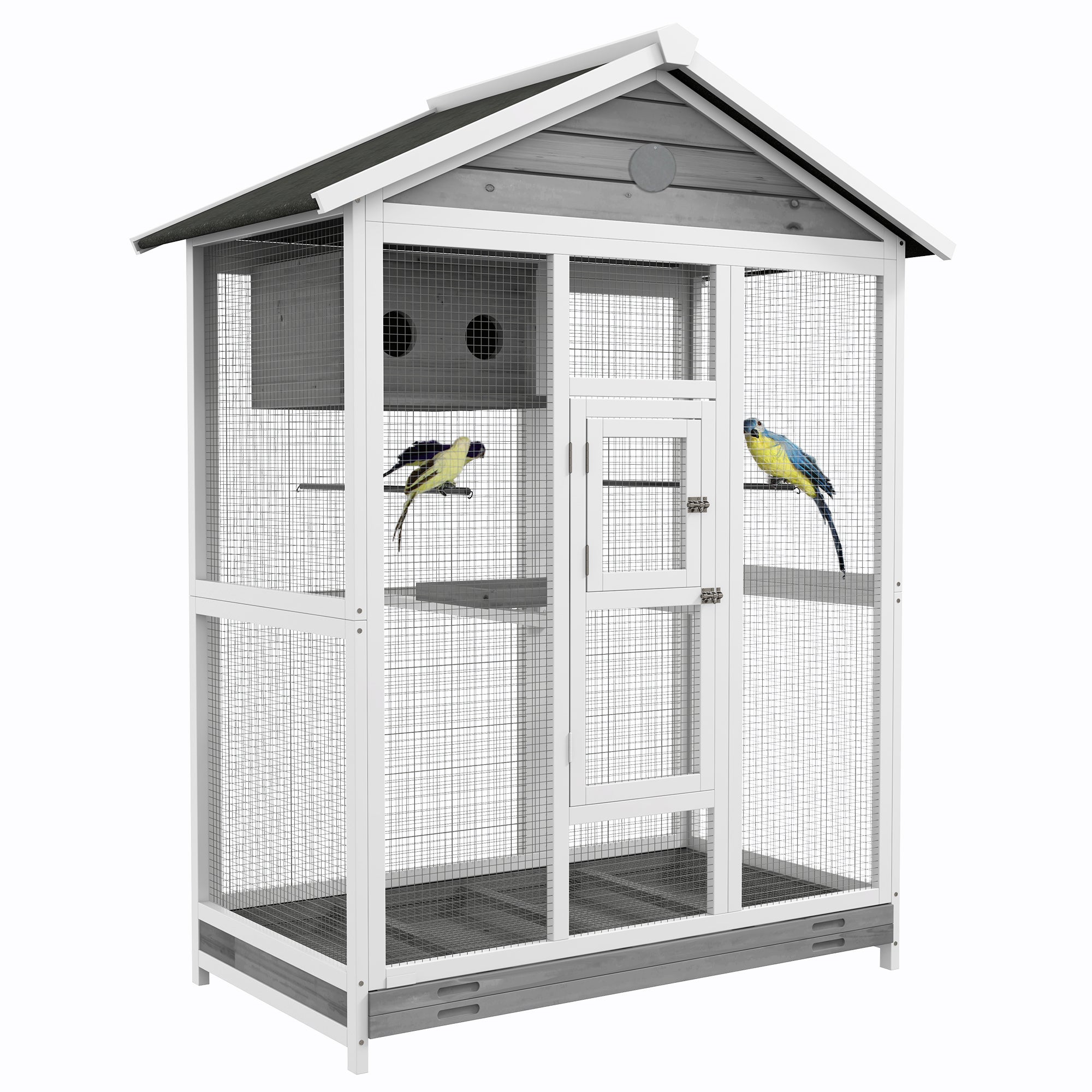 PawHut Houten vogelkooi met 4 zitstokken, asfaltdak, waterdicht, 112 x 68 x 154 cm