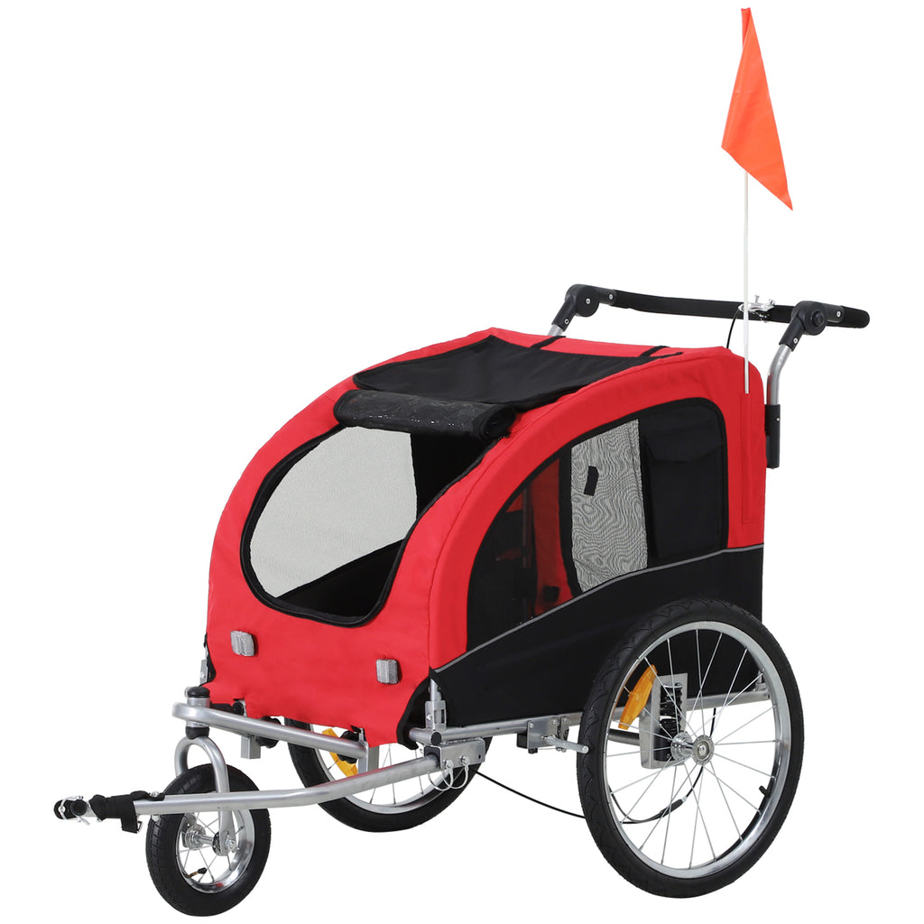 PawHut 2 in 1 hondenaanhanger fietskar jogger vlag regenhoes voor honden Rood