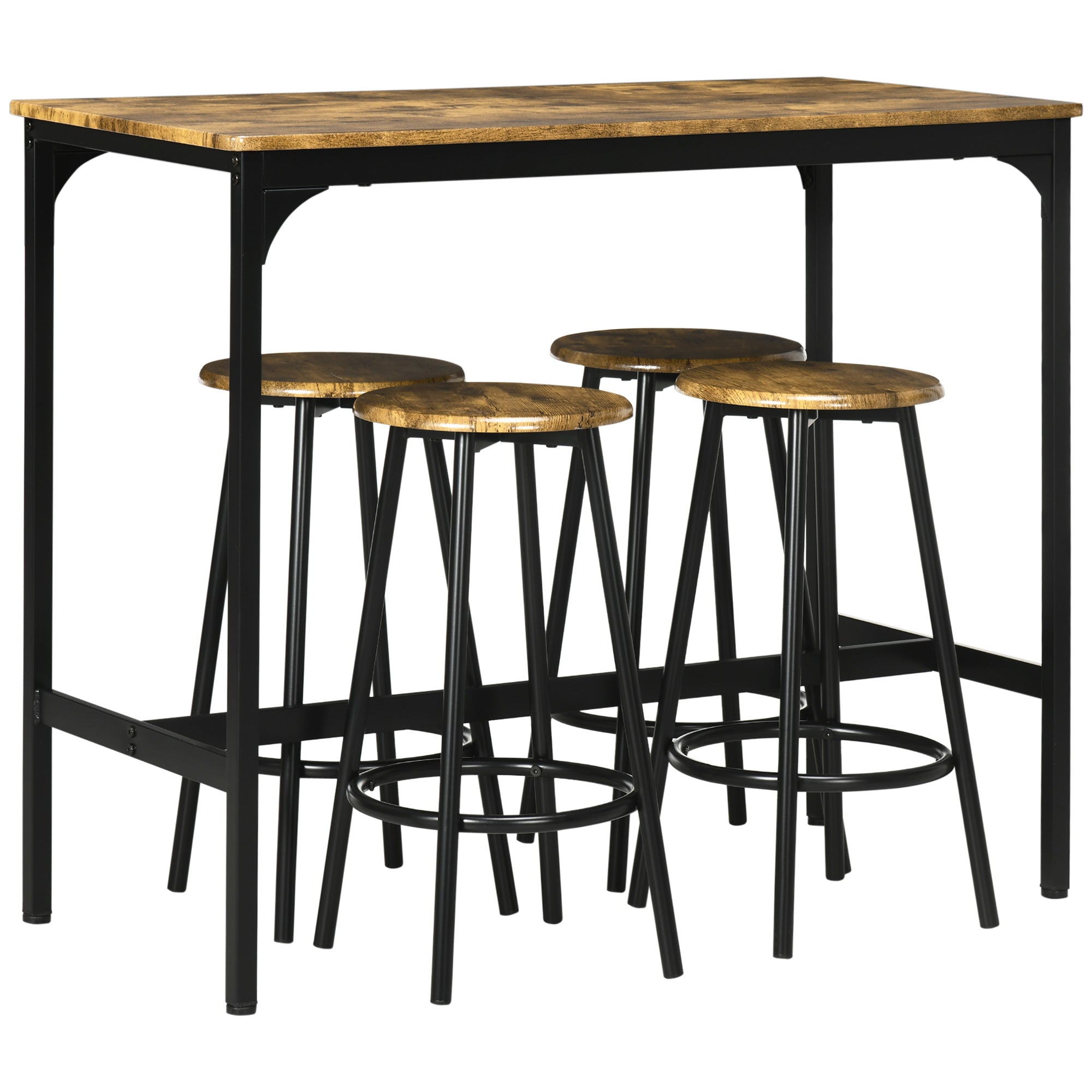 HOMCOM 5-delig. Bartafelset met industrieel design, 1 bartafel, 4 barkrukken, bankstel, aanrecht, zwart+bruin