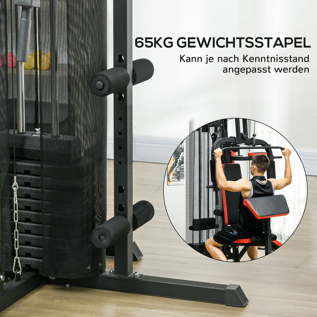 SPORTNOW Multifunctionele Trainingsstation met 65 kg Gewichtsblok, Verstelbaar, Voor Thuis Fitness, Staal, Kunstleer