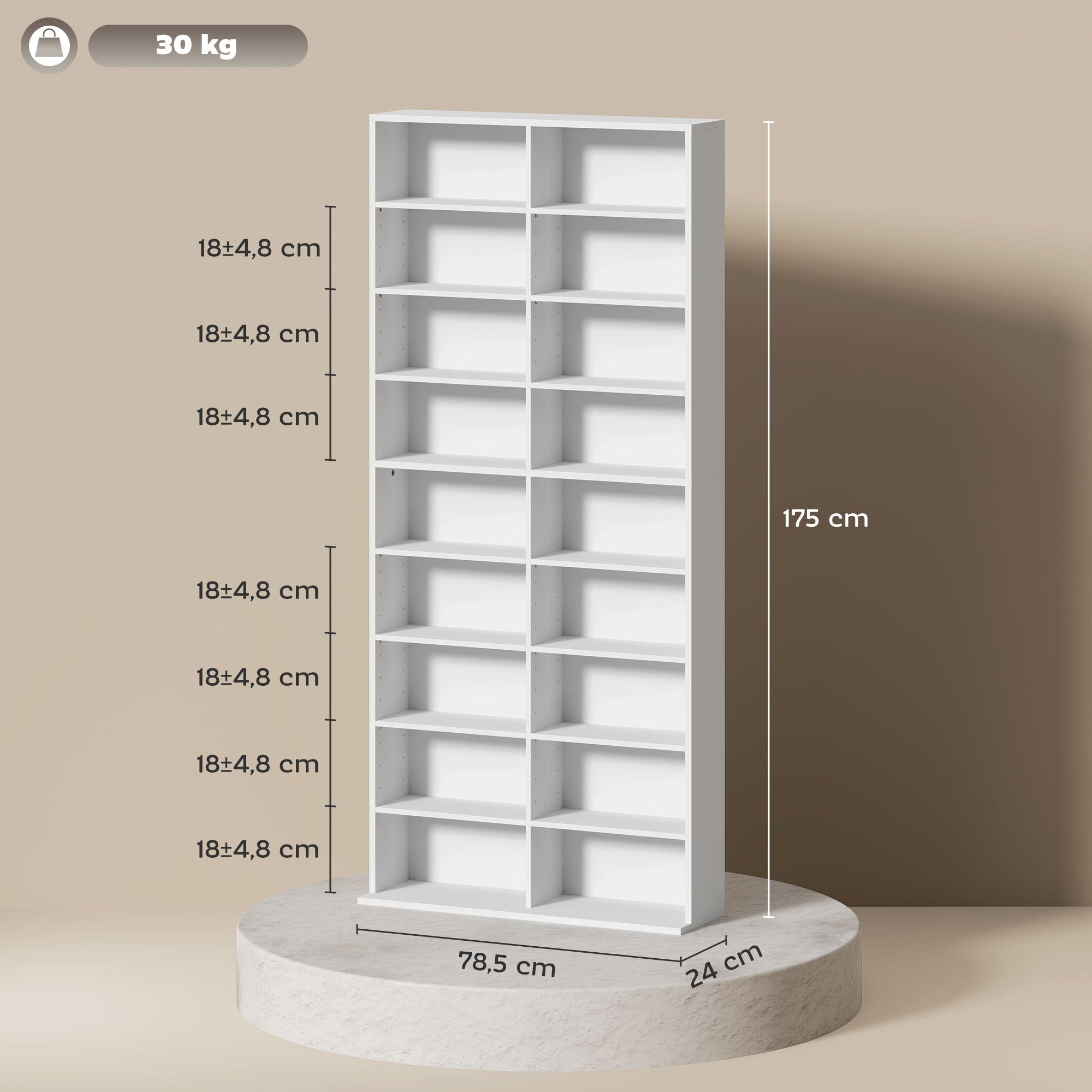 HOMCOM DVD-Rek, CD-Opslagrek, 14 Aanpasbare Planken, 18 Vakken, 175 cm, Blu-ray-Rek, Spaanplaat, Wit