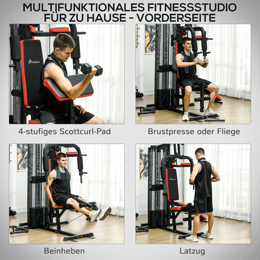 SPORTNOW Multifunctionele Trainingsstation met 65 kg Gewichtsblok, Verstelbaar, Voor Thuis Fitness, Staal, Kunstleer