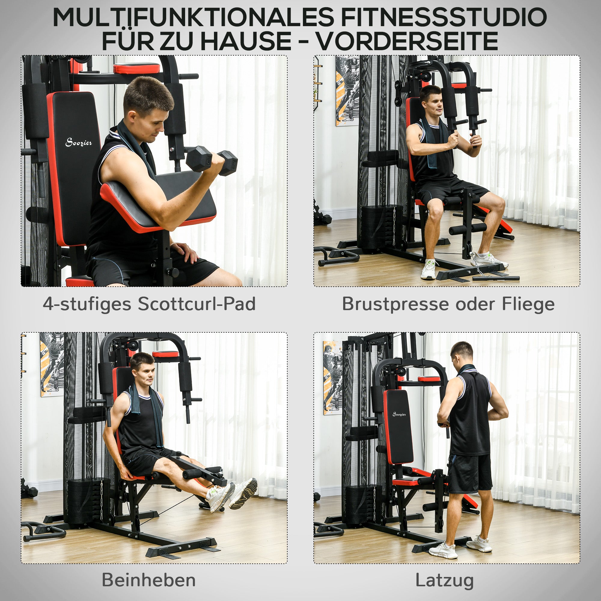 SPORTNOW Multifunctionele Trainingsstation met 65 kg Gewichtsblok, Verstelbaar, Voor Thuis Fitness, Staal, Kunstleer