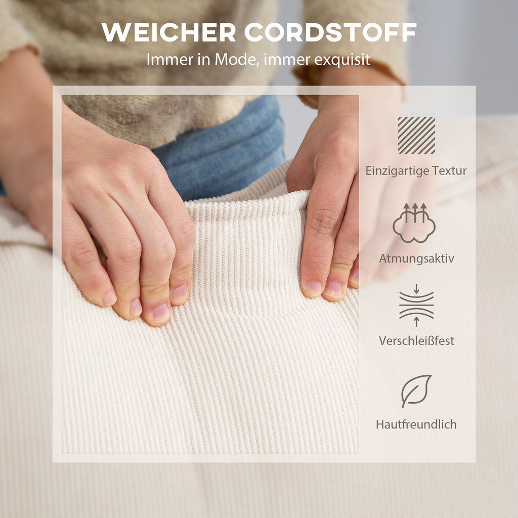HOMCOM 3-Zitsbank met Chaise Longue, Woonkamerbank met Corduroy Bekleding, 2 Extra Kussens, Gestoffeerde Bank, Crèmewit