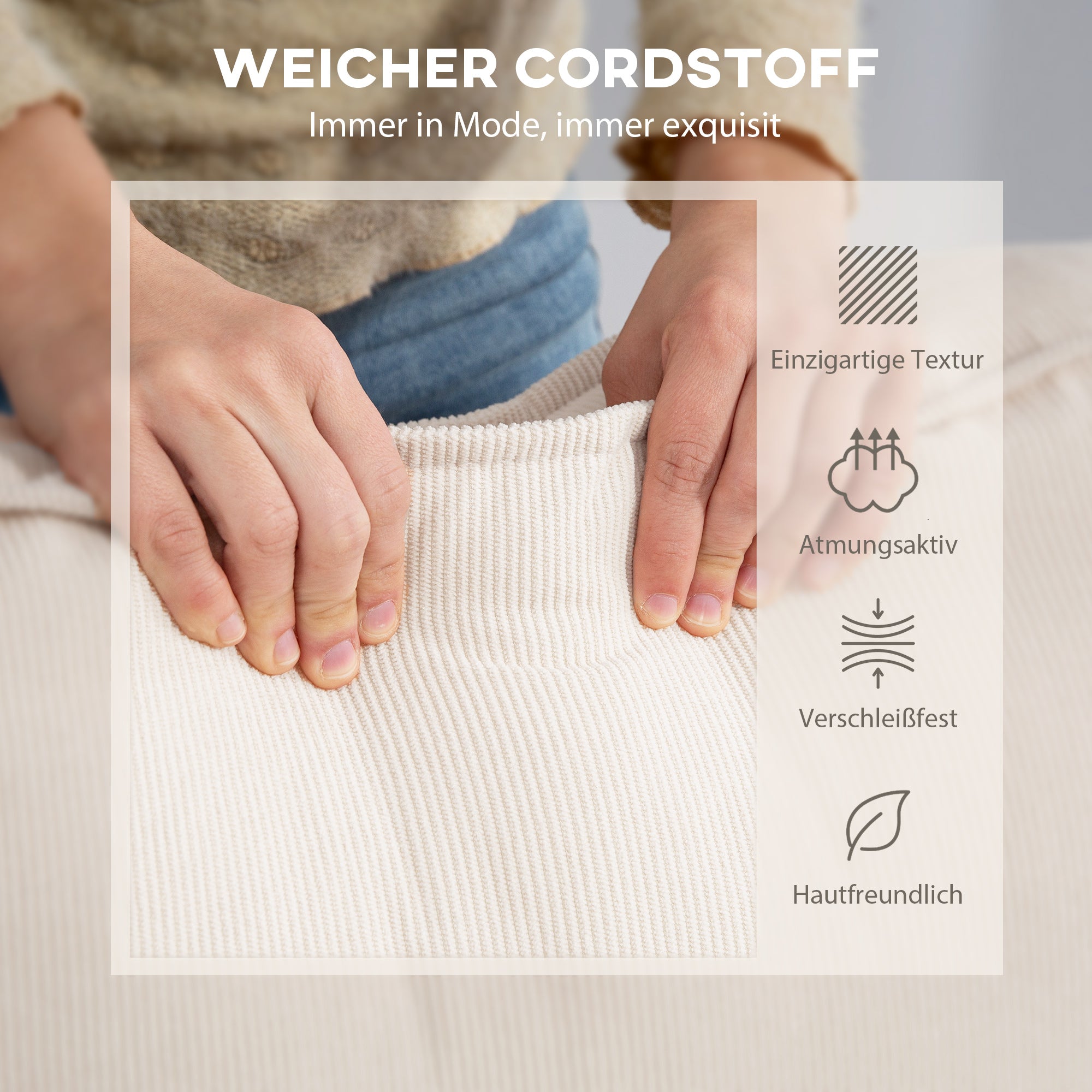HOMCOM 3-Zitsbank met Chaise Longue, Woonkamerbank met Corduroy Bekleding, 2 Extra Kussens, Gestoffeerde Bank, Crèmewit