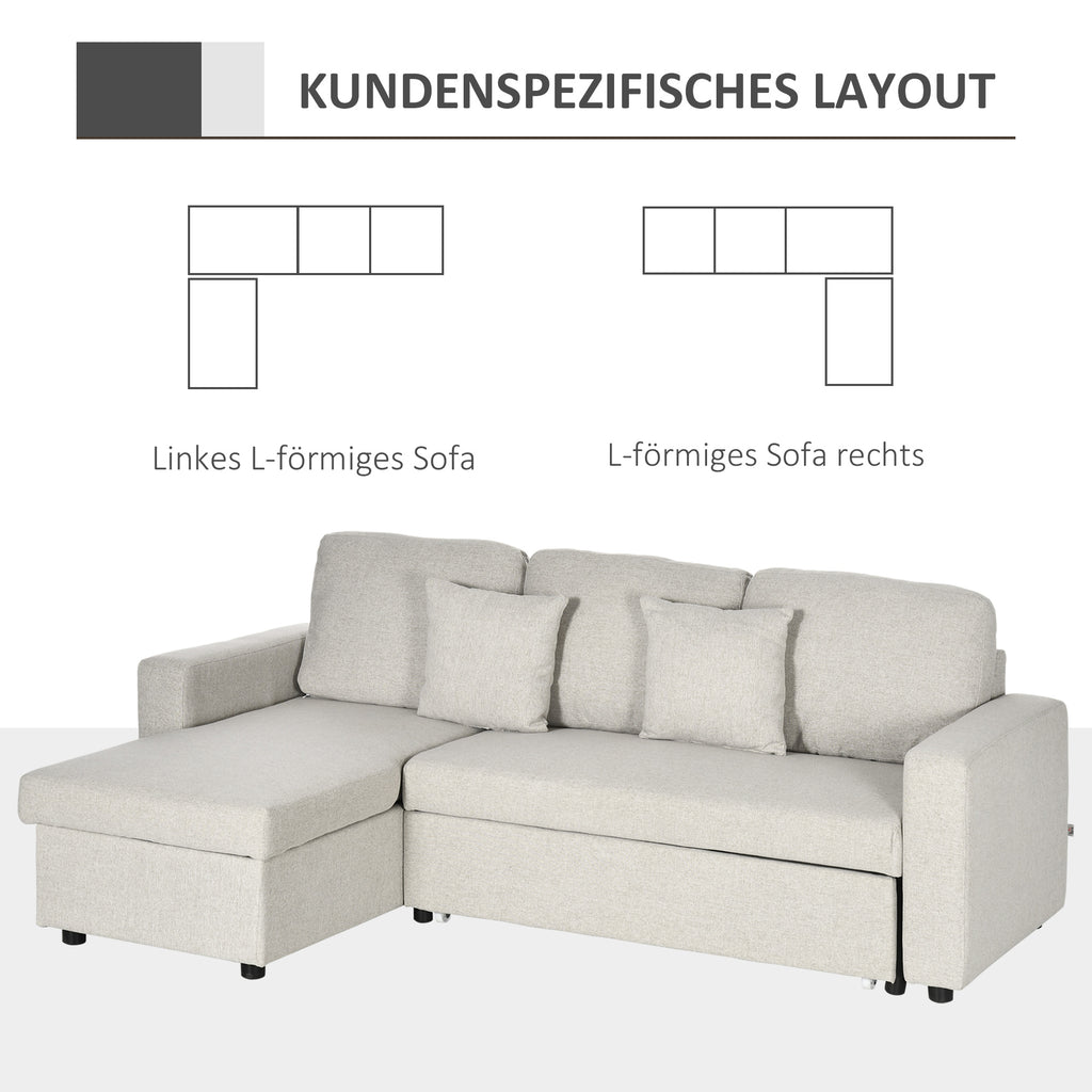 HOMCOM Slaapbank Hoekbank met Bedfunctie, inclusief 2-Zits Sofa, Eenpersoonsbed, L-vorm met Opbergruimte, 2 Kussens Crèmewit