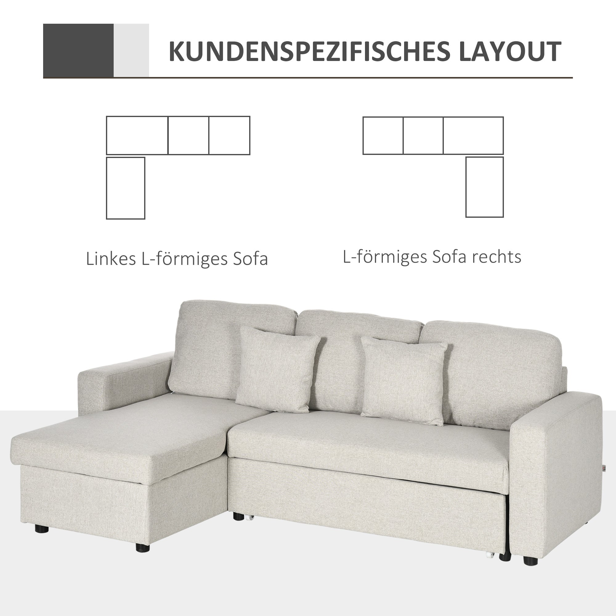HOMCOM Slaapbank Hoekbank met Bedfunctie, inclusief 2-Zits Sofa, Eenpersoonsbed, L-vorm met Opbergruimte, 2 Kussens Crèmewit