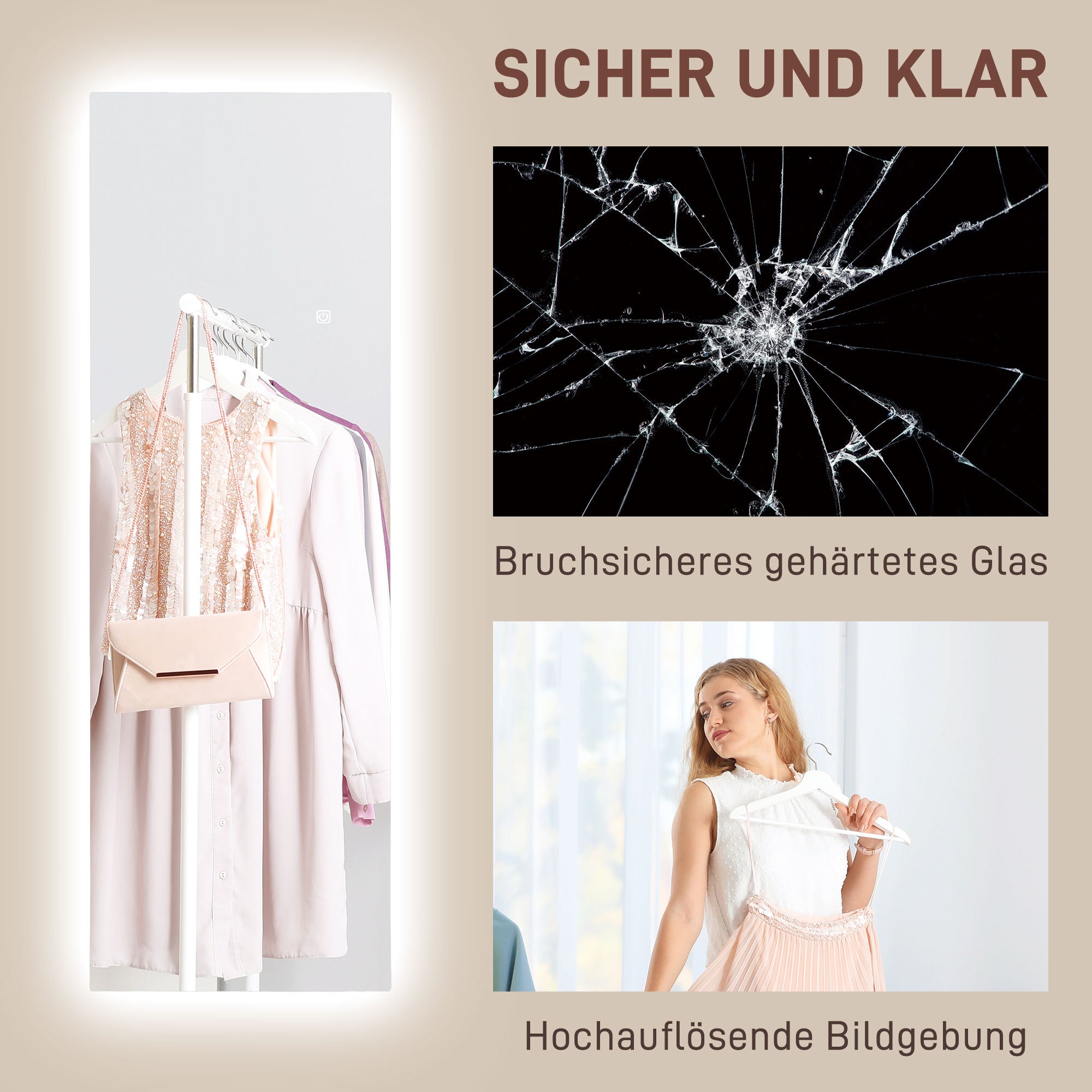 HOMCOM LED Volledige lichaamsspiegel, dimbaar, randloos, Touch-bediening, 40 x 120 cm