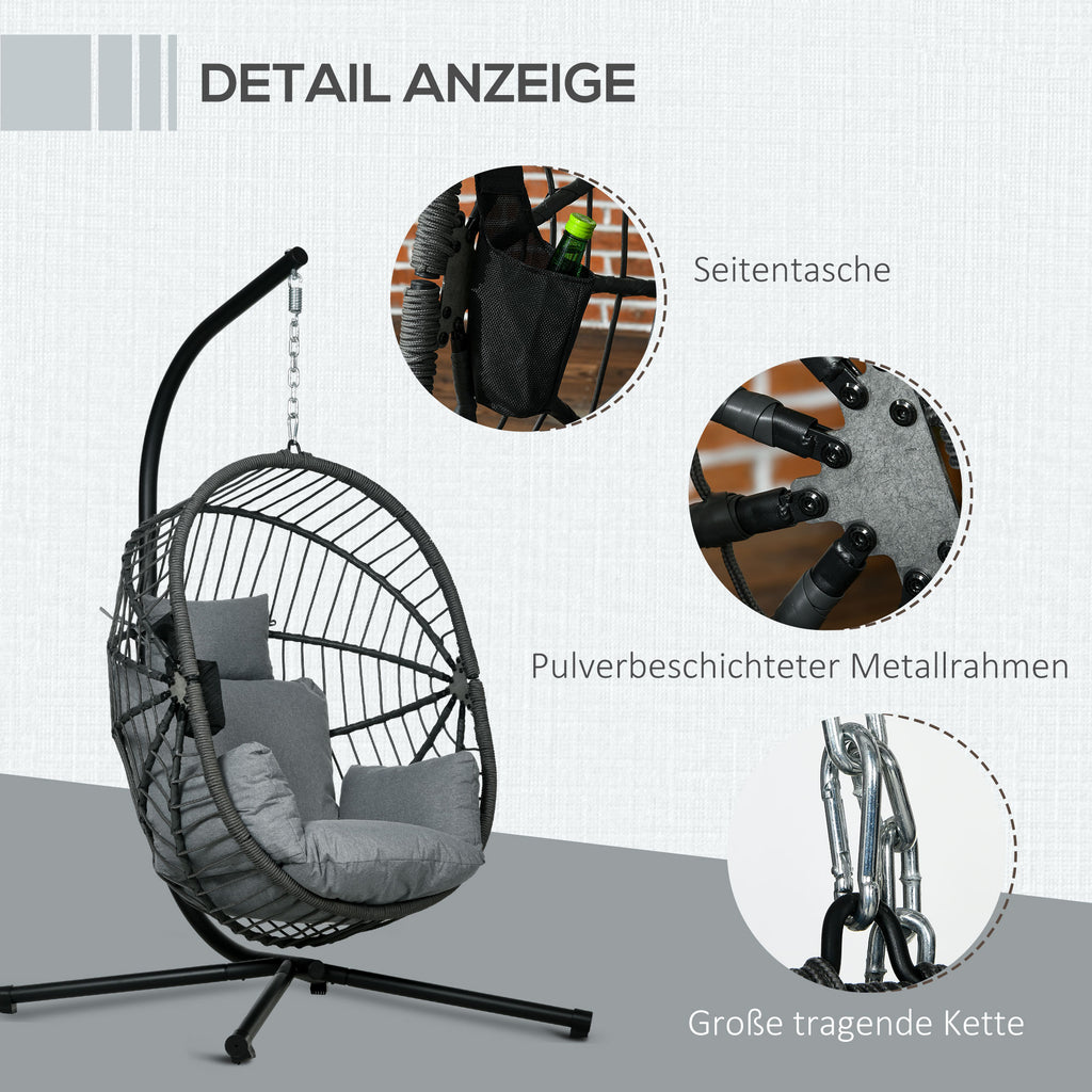 Outsunny Hangstoel voor buiten, inclusief kussen, Egg-Chair, 120 cm x 106 cm x 188 cm, Grijs