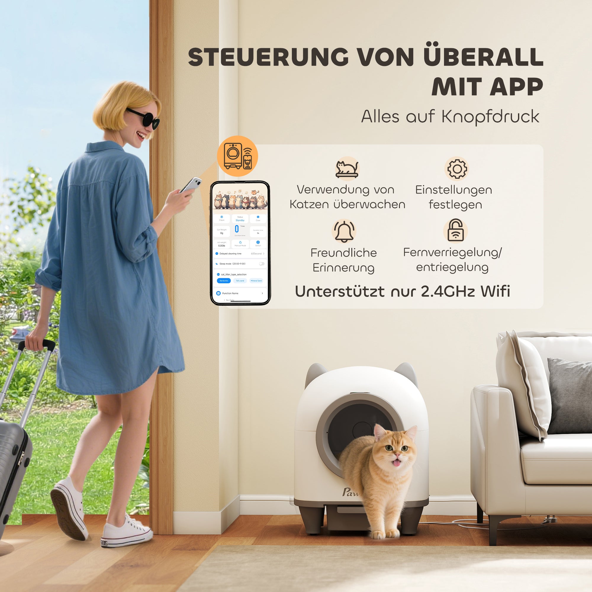 PawHut Zelfreinigende Kattenbak met App-besturing 80 L Geurbestrijding voor Meerdere Katten