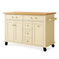 Kkken, kkkenrullebord, med 3 dre, 5 skuffer og hylde, naturtr og beige, med hjul, 100x50x85 cm - cE9Flal36nKM