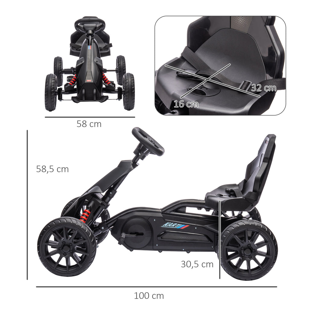 HOMCOM Go-Kart Kinderrijtuig met Verstelbare Zitting, Trapvoertuig, Trapauto met Handrem, 3-8 Jaar, Buiten, Zwart