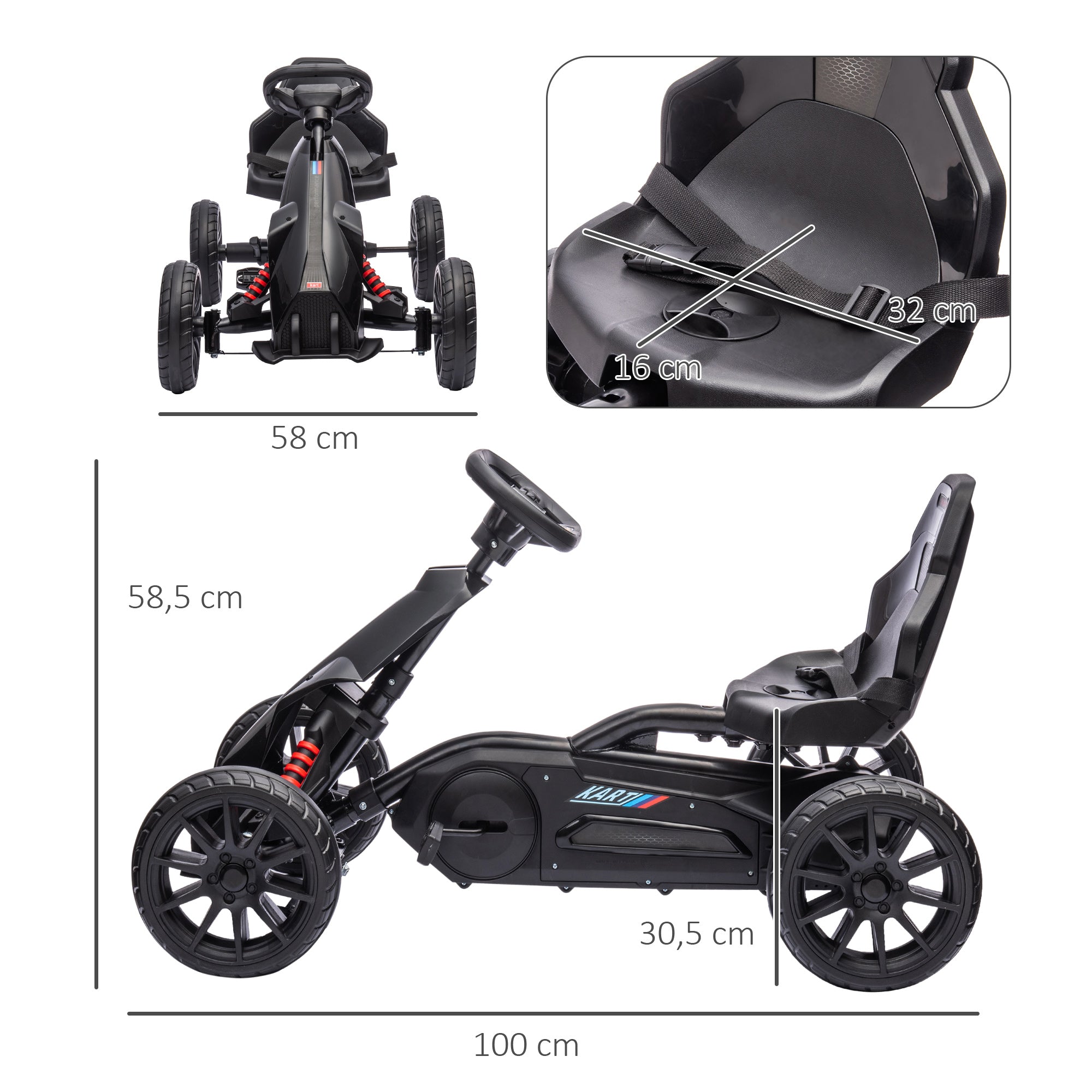 HOMCOM Go-Kart Kinderrijtuig met Verstelbare Zitting, Trapvoertuig, Trapauto met Handrem, 3-8 Jaar, Buiten, Zwart