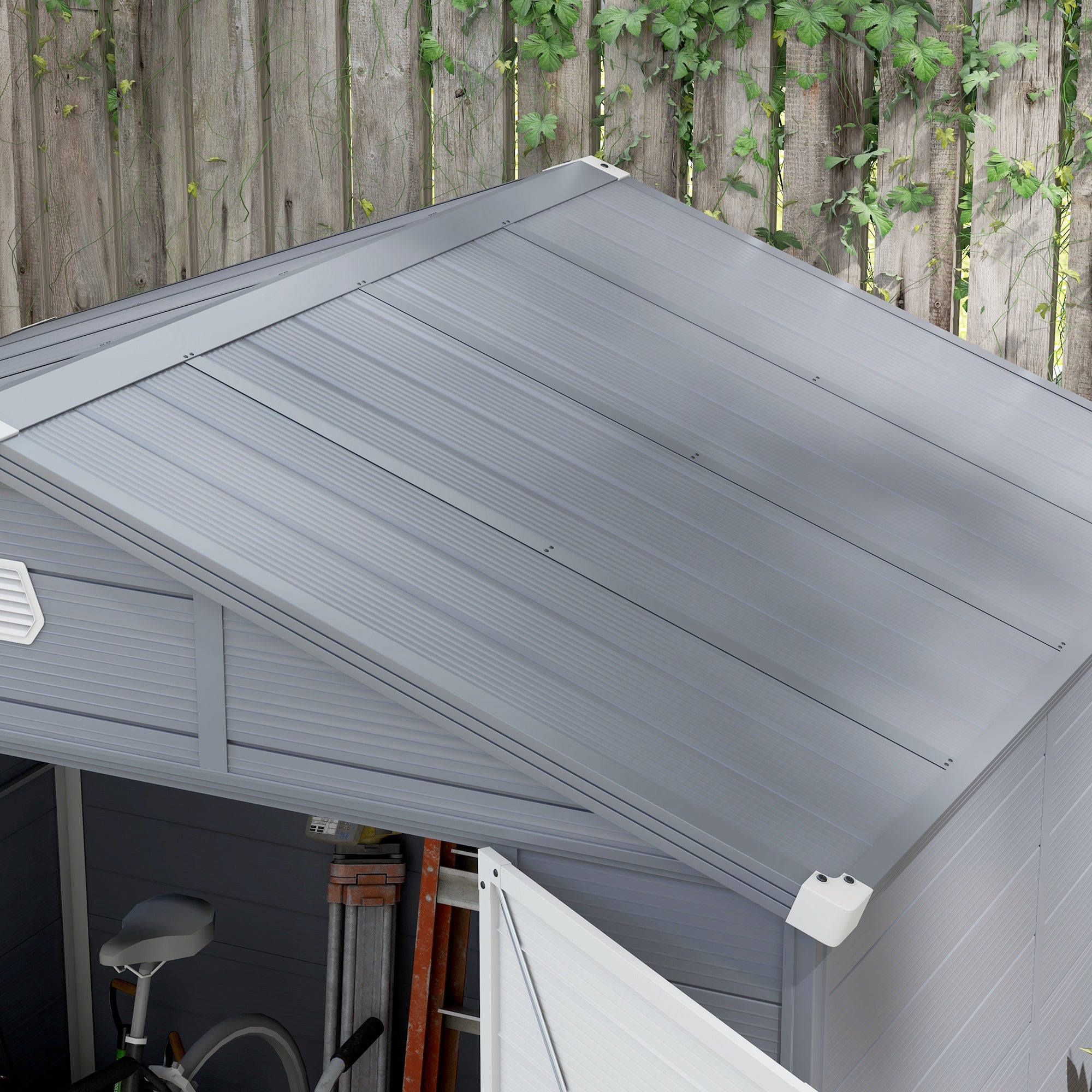 Outsunny Tuinhuis, Tuinschuur met Ventilatieraam, Kunststof, Metaal, 240 x 190 x 180/228, Grijs