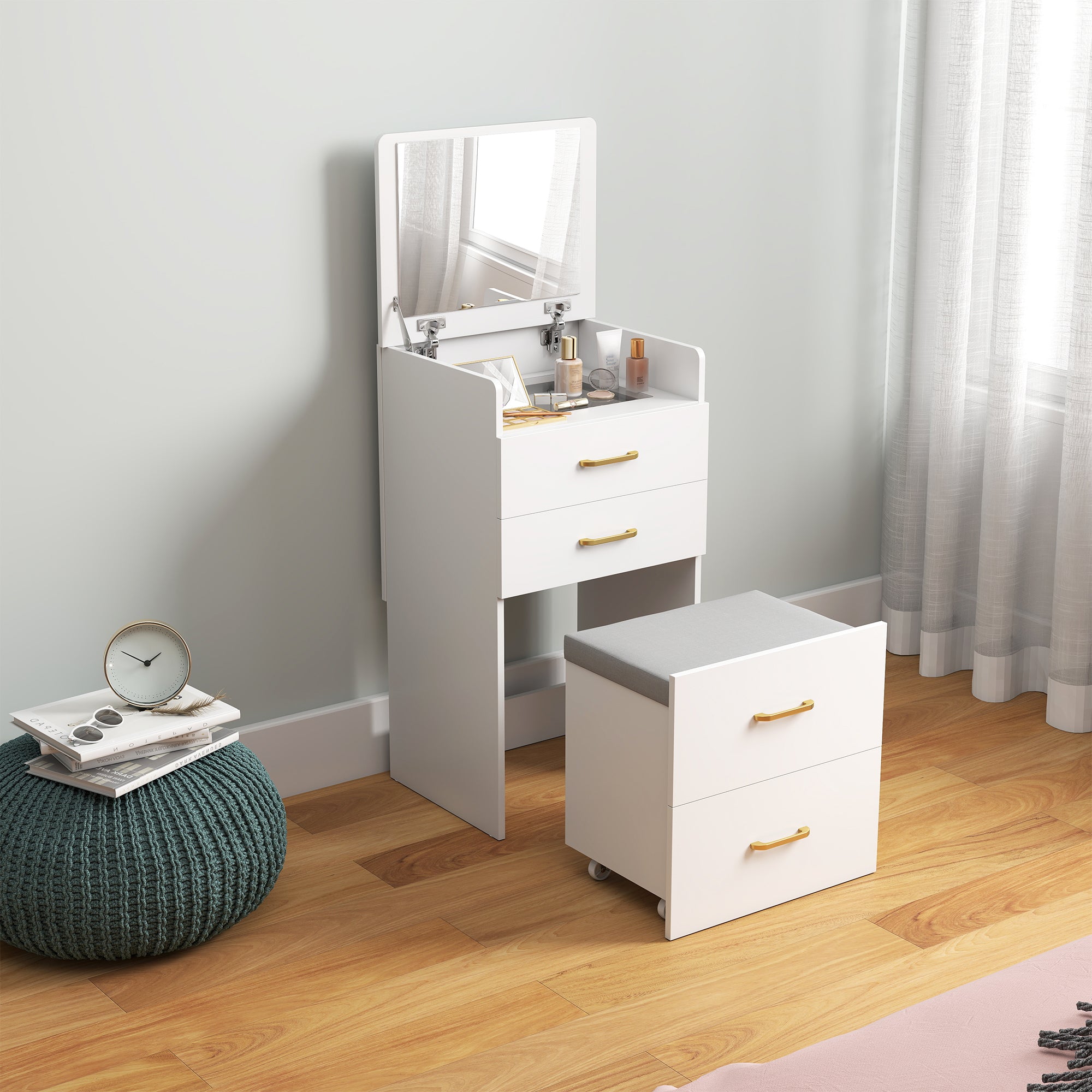 HOMCOM 3-in-1 Make-uptafel met Spiegel, Nachtkastje, Rollende Kruk, Lades, Wit