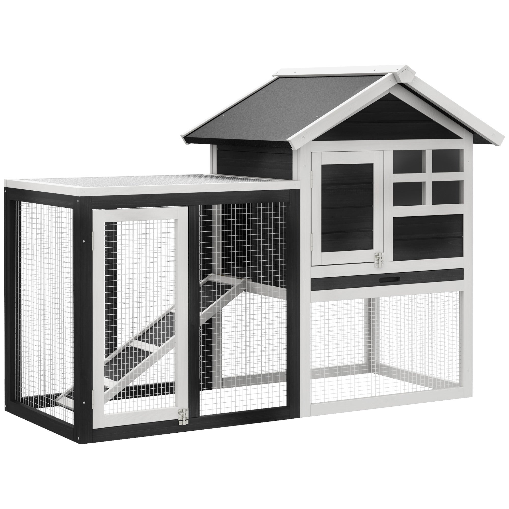 PawHut konijnenhok grijs+zwart+wit 122 x 62,6 x 92 cm