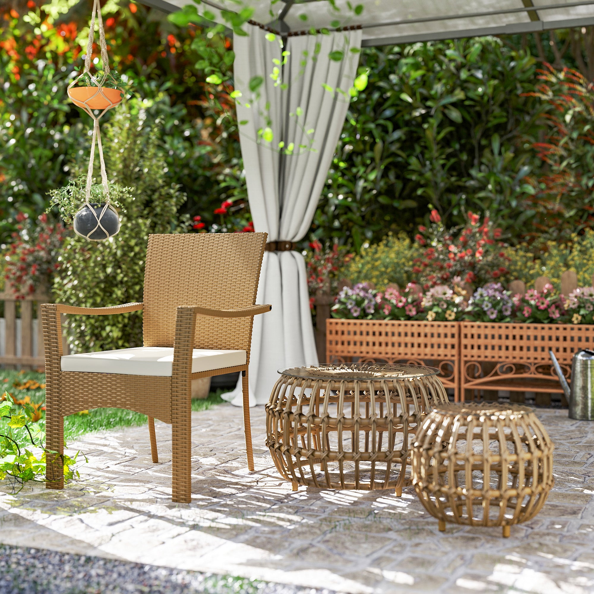 Outsunny 2-delige Set Bijzettafels Polyrattan Ø66/42 cm Rond Weerbestendig met Glazen Blad - Bruin