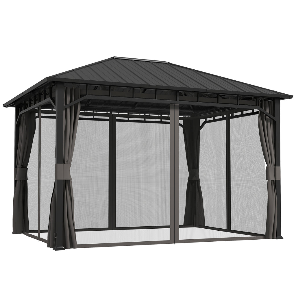 Outsunny Tuinpaviljoen, Metalen Paviljoen, Waterdicht, UV-bestendig, Terraspaviljoen met Netwanden en Gordijnen, Donkergrijs