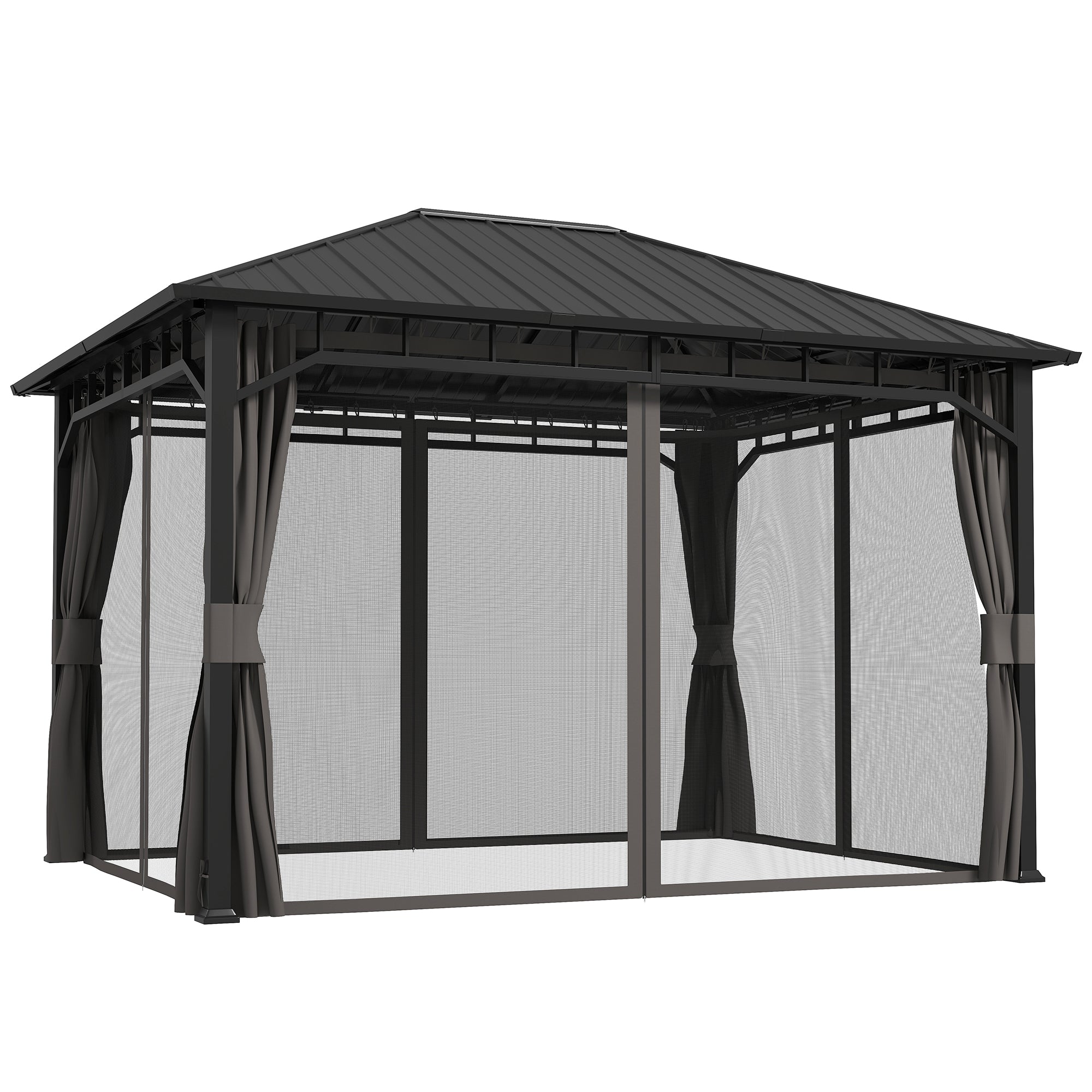 Outsunny Tuinpaviljoen, Metalen Paviljoen, Waterdicht, UV-bestendig, Terraspaviljoen met Netwanden en Gordijnen, Donkergrijs