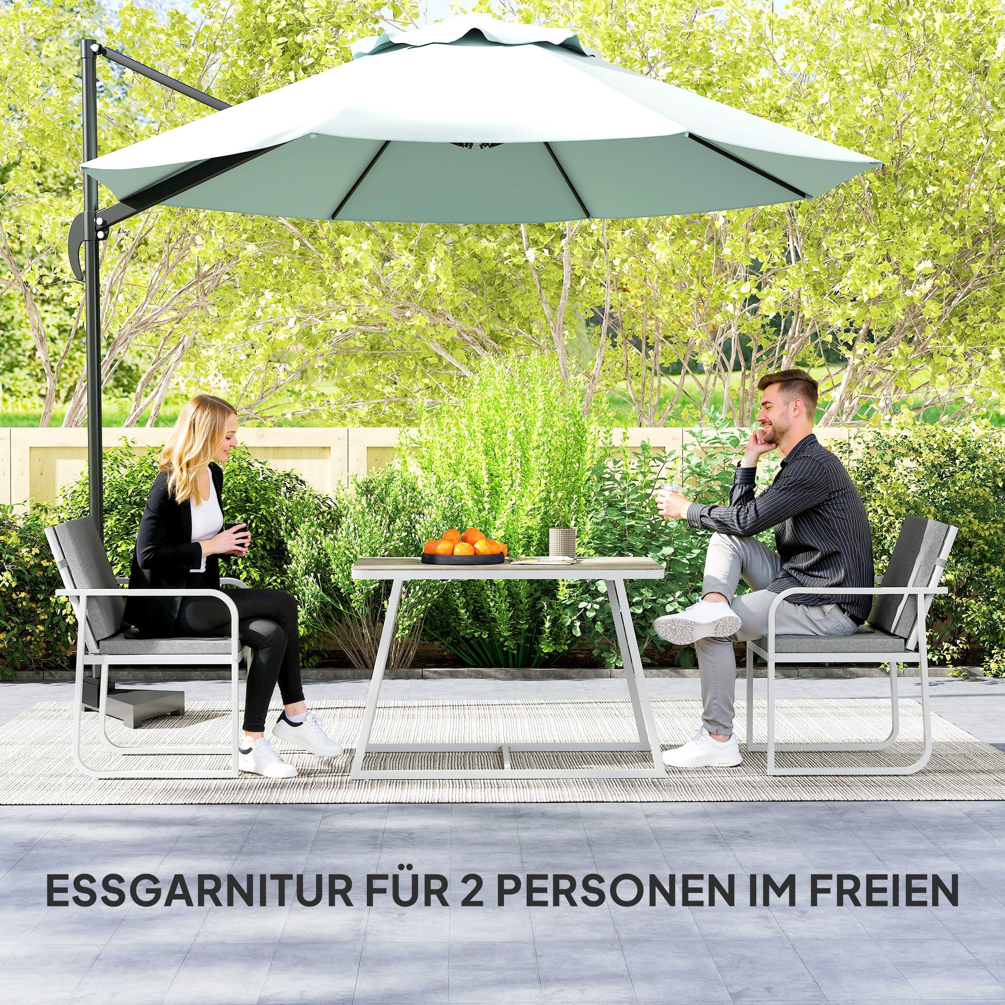 Outsunny 3-delige Eetset voor 2 Personen met Glastafel en Kussens - Lichtgrijs