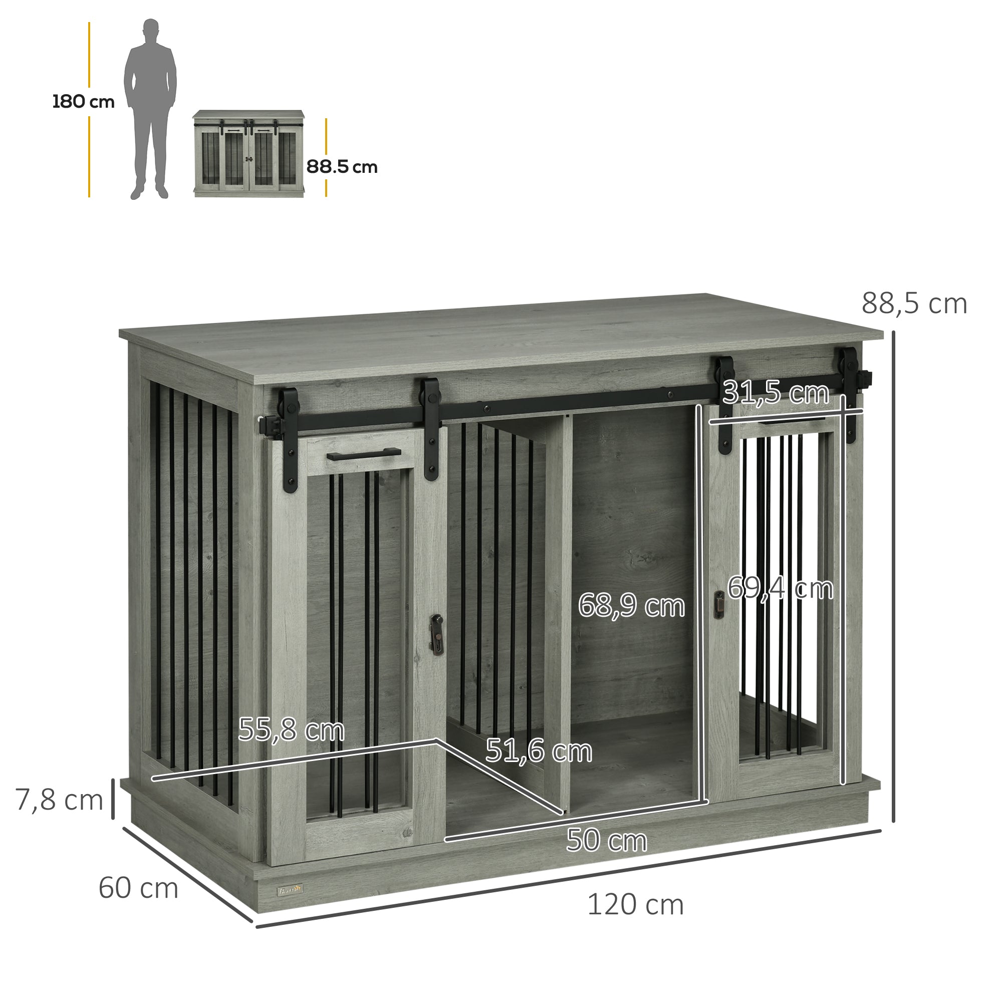 PawHut Hondenkooi met 2 Deuren, Hondenbox, Transportbox voor Honden, Landelijk Design, Vergrendelbaar, Grijs