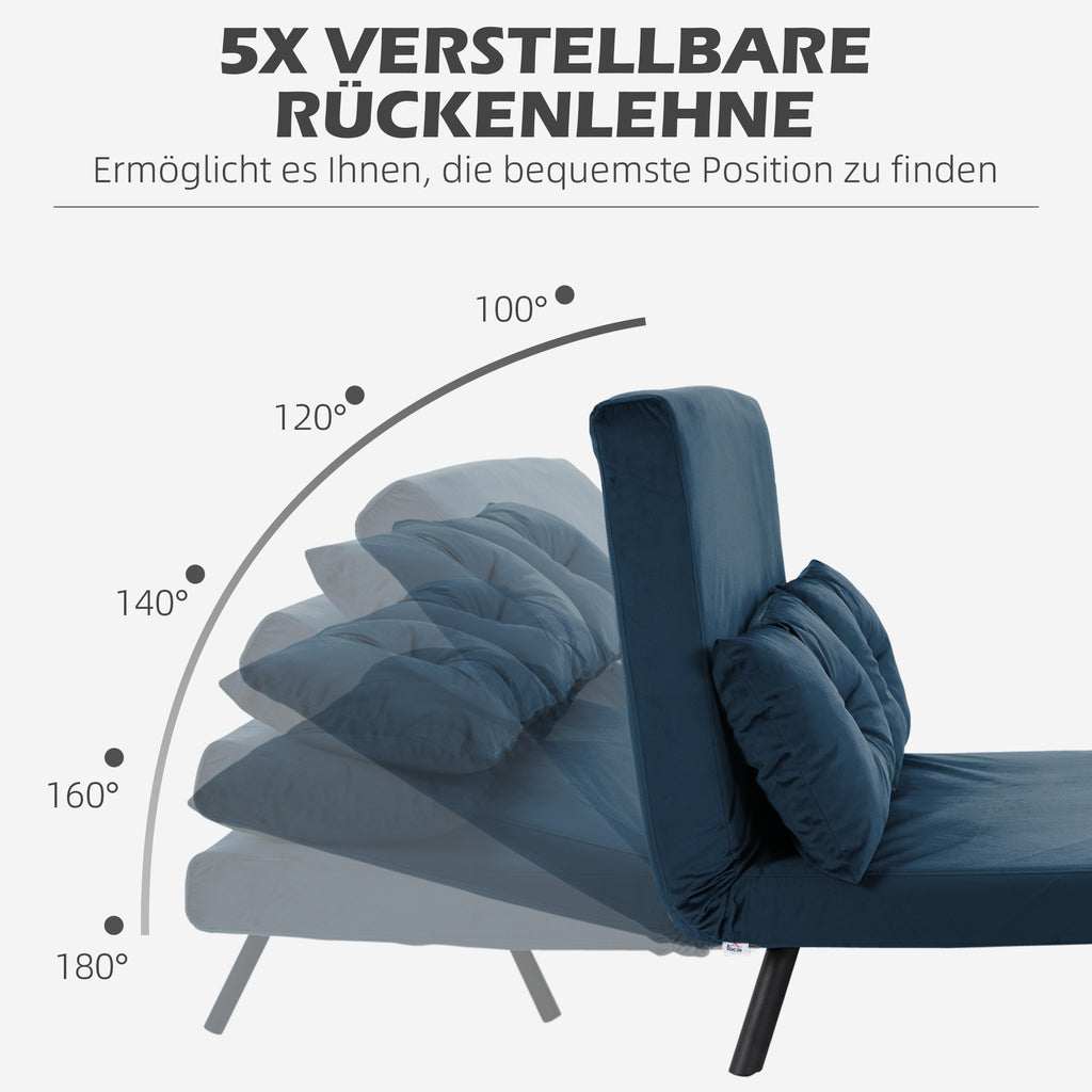 HOMCOM Slaapbank 2-zitsbank Fluweelbank, Slaapfunctie, incl. 2 Kussens, Fluweel Optiek, Natuur + Blauw