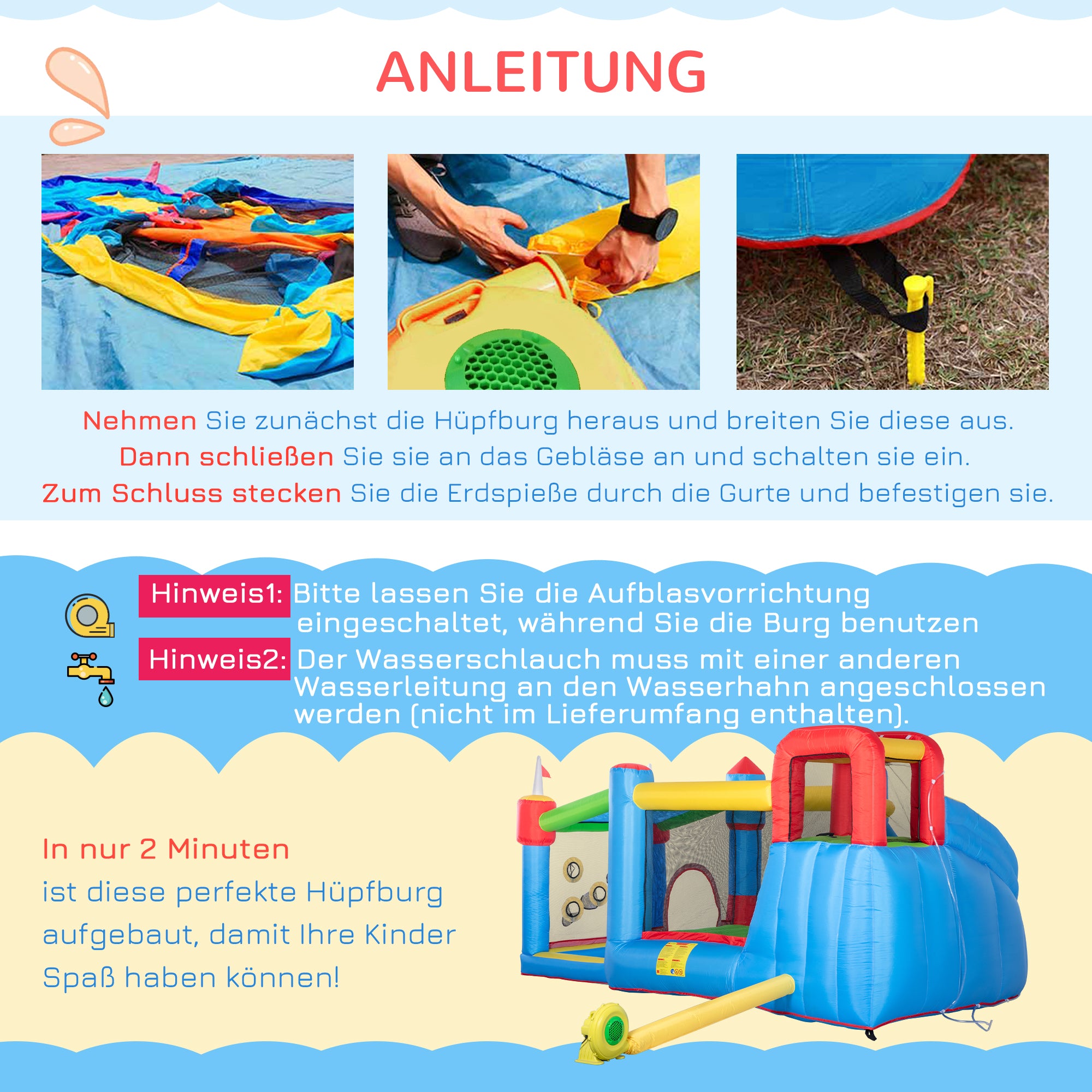 Outsunny springkasteel, opblaasbaar springkasteel, waterpark met waterglijbaan, kleurrijk