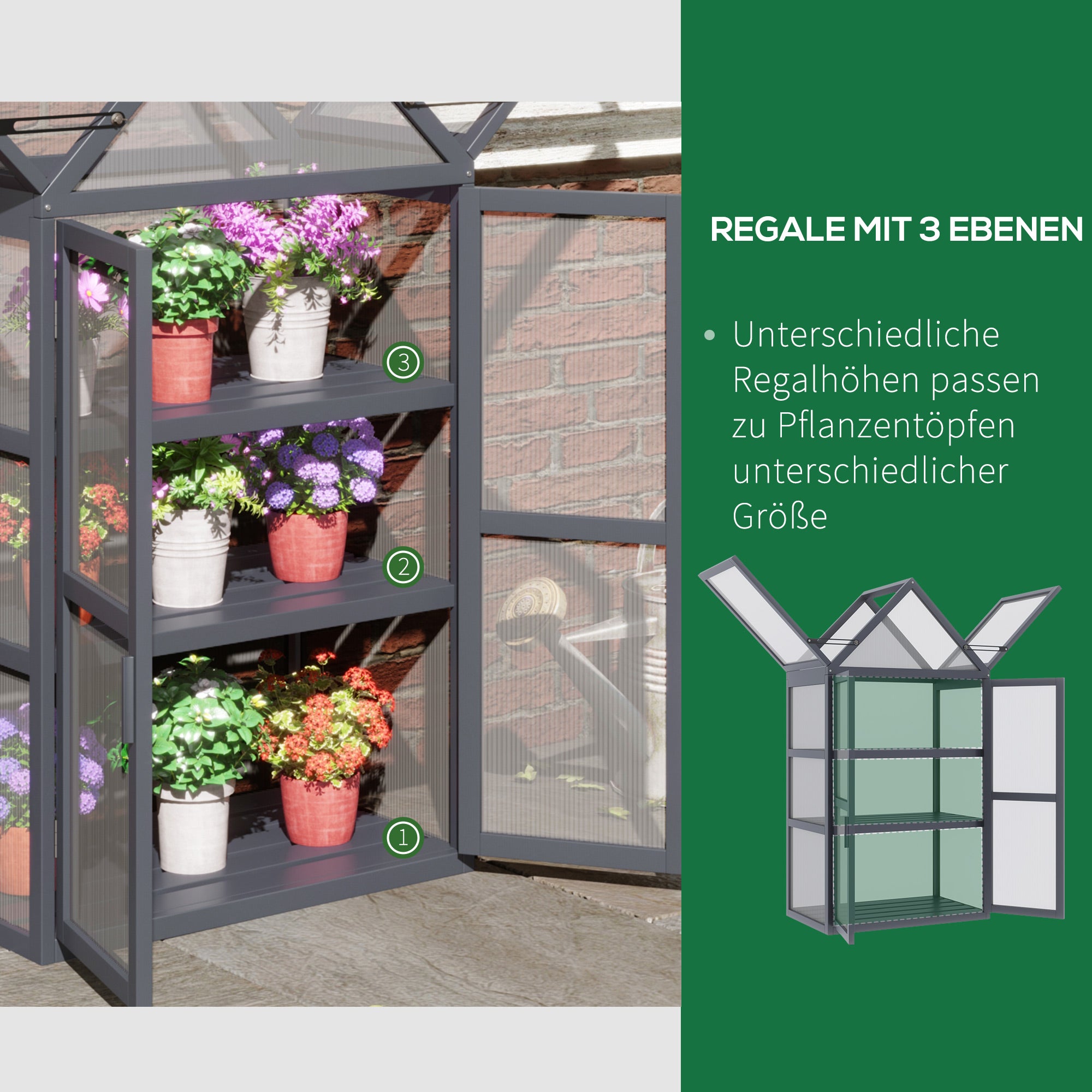 Outsunny kas met 3 planken, massief hout, behuizing van polycarbonaat, grijs, 70,5 x 42 x 132 cm