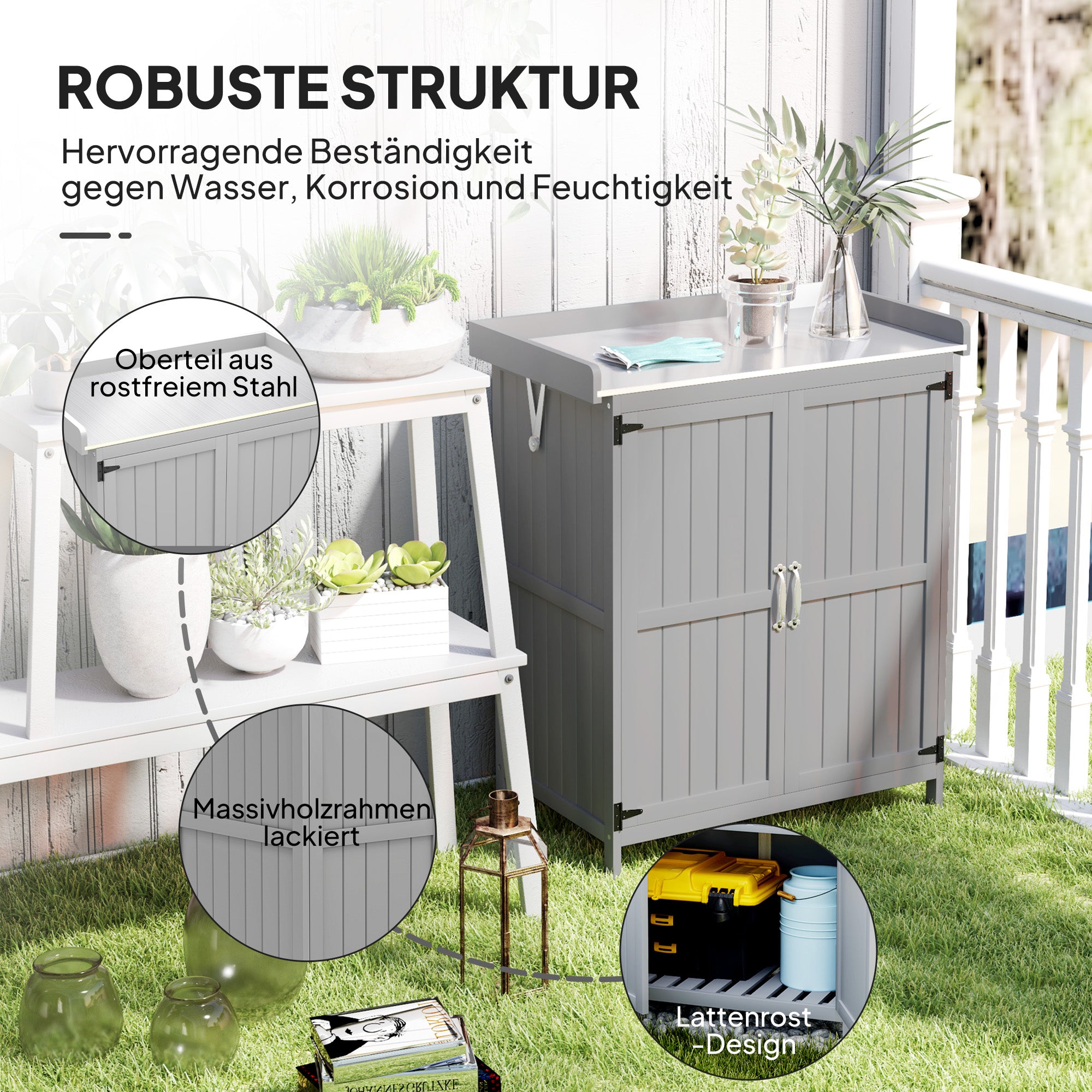Outsunny Tuinkast, Gereedschapskast voor Buiten met Werkoppervlak, Hout en Roestvrij Staal, Dubbele Deuren, Grijs