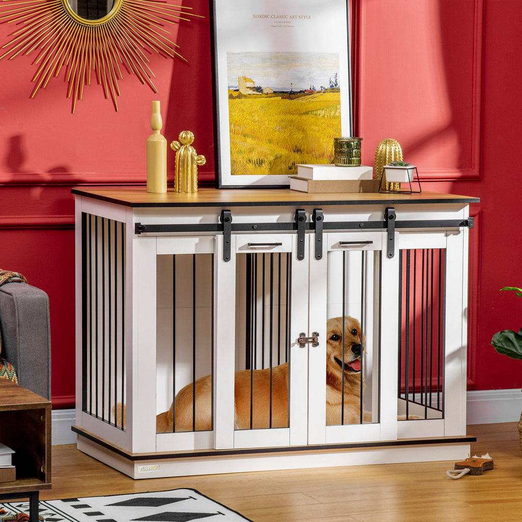 PawHut Hondenkooi met 2 Deuren, Hondenbox, Transportbox voor Honden, Rustiek Ontwerp, Vergrendelbaar, Wit